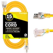 Thonapa 15 Ft Lighted Outdoor Extension Cord - 12/3 Heavy Duty, Yellow- 3 Prong picture