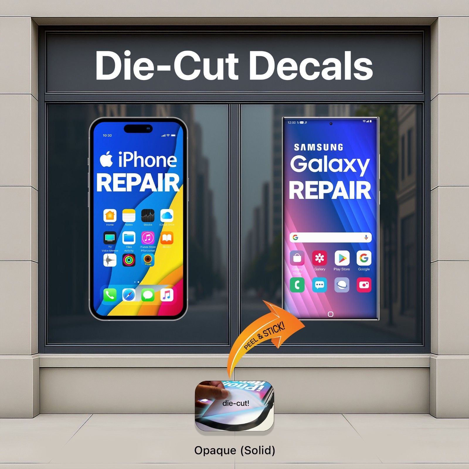 iPhone Samsung Repair Window Decal – Die-Cut Storefront Sign Sticker (Set of 2) iPhone Samsung Repair Window Decal – Die-Cut Storefront Sign Sticker (Set of 2)