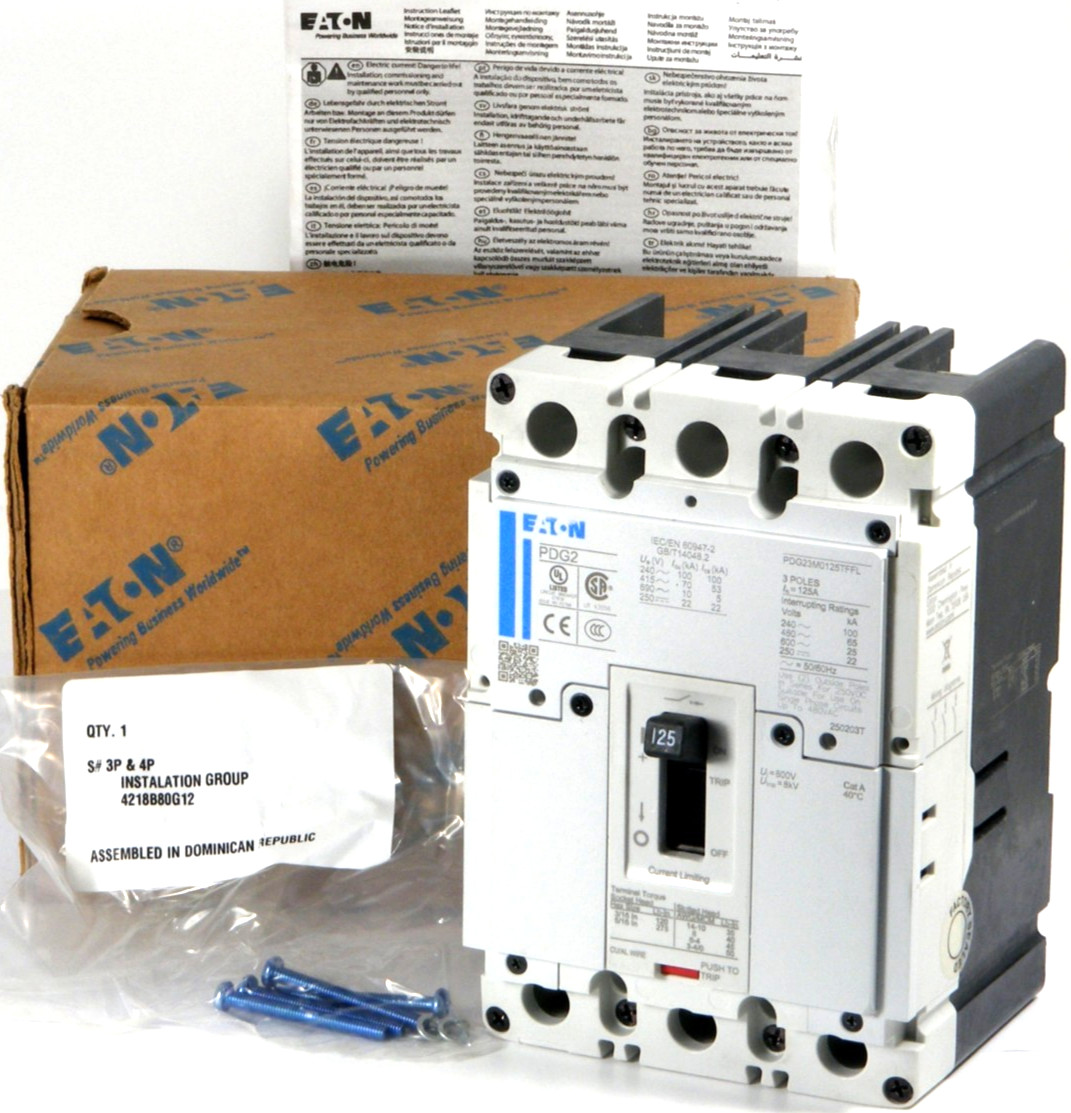 NEW Eaton PDG23M0125TFFL Circuit Breaker PDG2, 3P 125A 600V 65kA@480V, w/Lugs B NEW Eaton PDG23M0125TFFL Circuit Breaker PDG2, 3P 125A 600V 65kA@480V, w/Lugs B