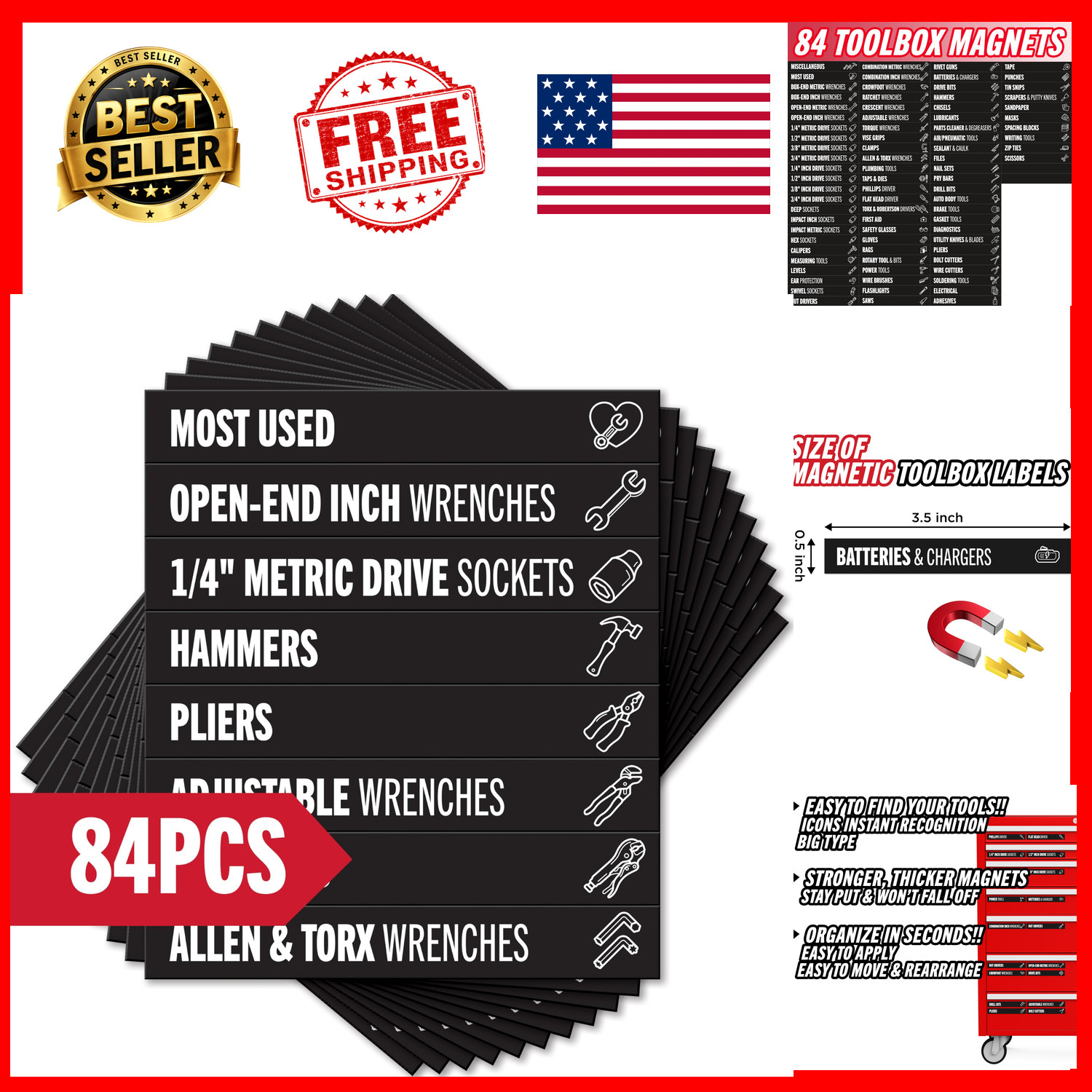 Magnetic Toolbox Labels 80-Piece Black 3.5x0.5 Inch Small Tool Chest Organizer Magnetic Toolbox Labels 80-Piece Black 3.5x0.5 Inch Small Tool Chest Organizer