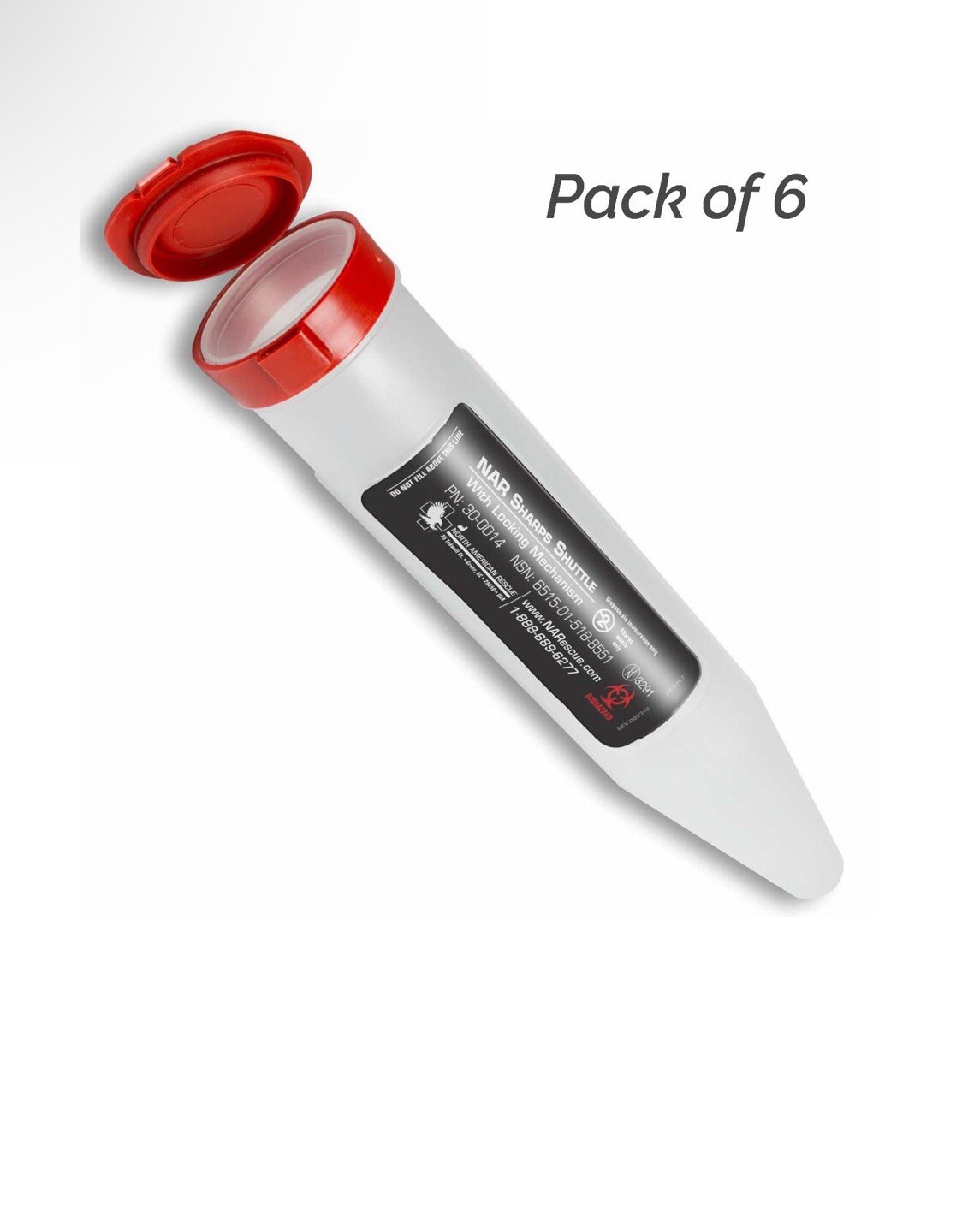 North American Rescue (NAR) Sharps Shuttle Clear, Pack Of 6 North American Rescue (NAR) Sharps Shuttle Clear, Pack Of 6