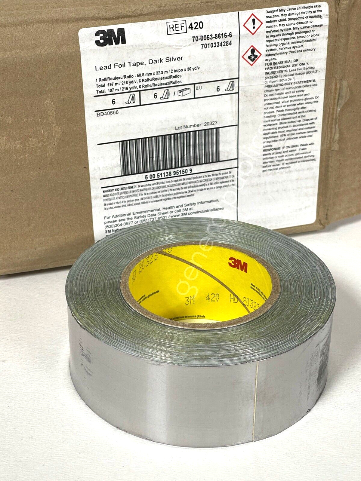 GENUINE 3M LEAD FOIL TAPE 420 DK-SILVER 2 in Wide X 36 yds Length 6.8 Mil Thick GENUINE 3M LEAD FOIL TAPE 420 DK-SILVER 2 in Wide X 36 yds Length 6.8 Mil Thick
