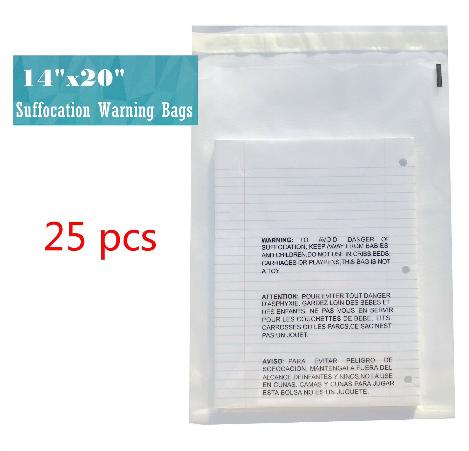 14x20 Clear Suffocation Warning Poly Self Seal Bags -ST ShipMailers