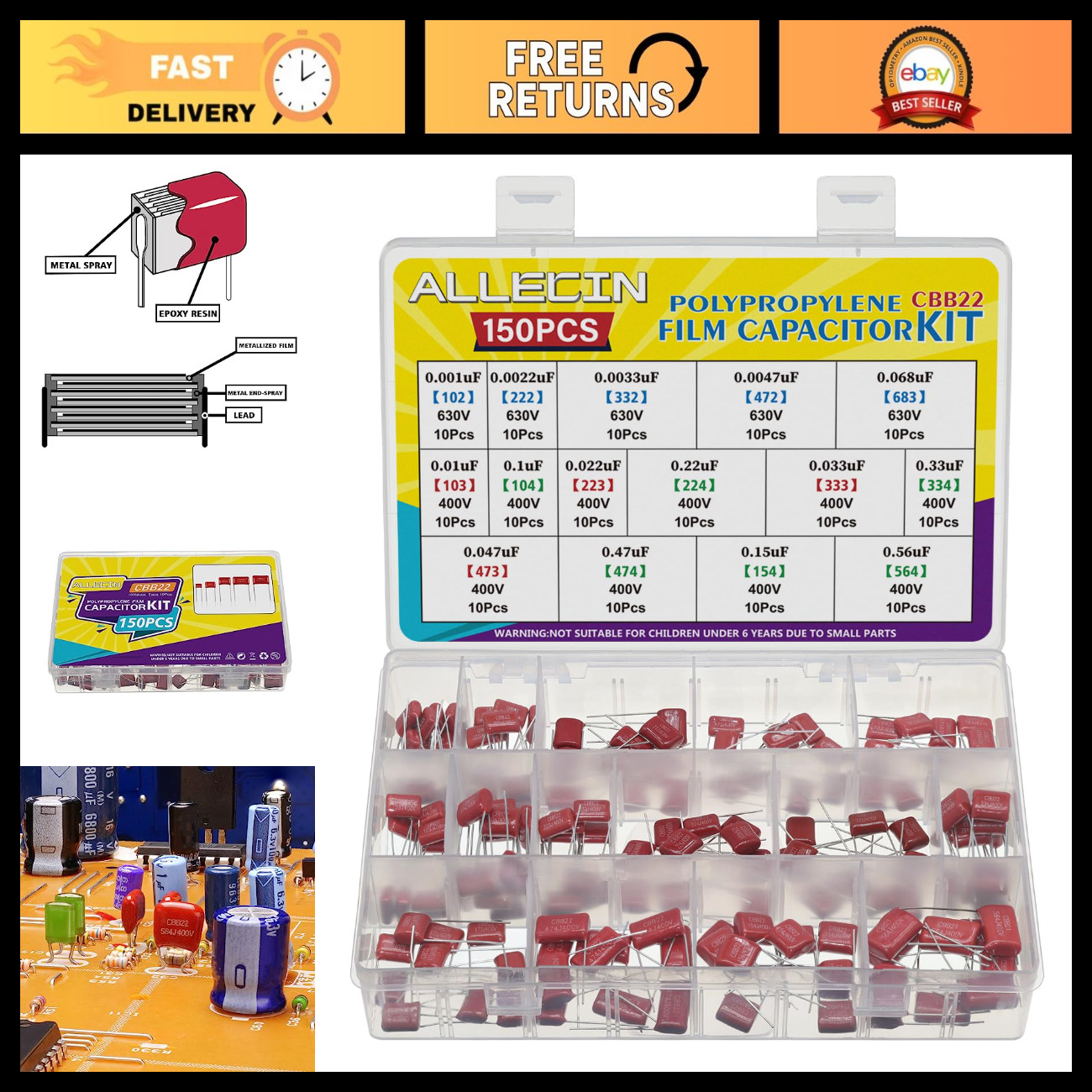150PCS Polypropylene Film Capacitors Kit 0.001uF to 0.68uF 400V/630V - High Qual 150PCS Polypropylene Film Capacitors Kit 0.001uF to 0.68uF 400V/630V - High Qual