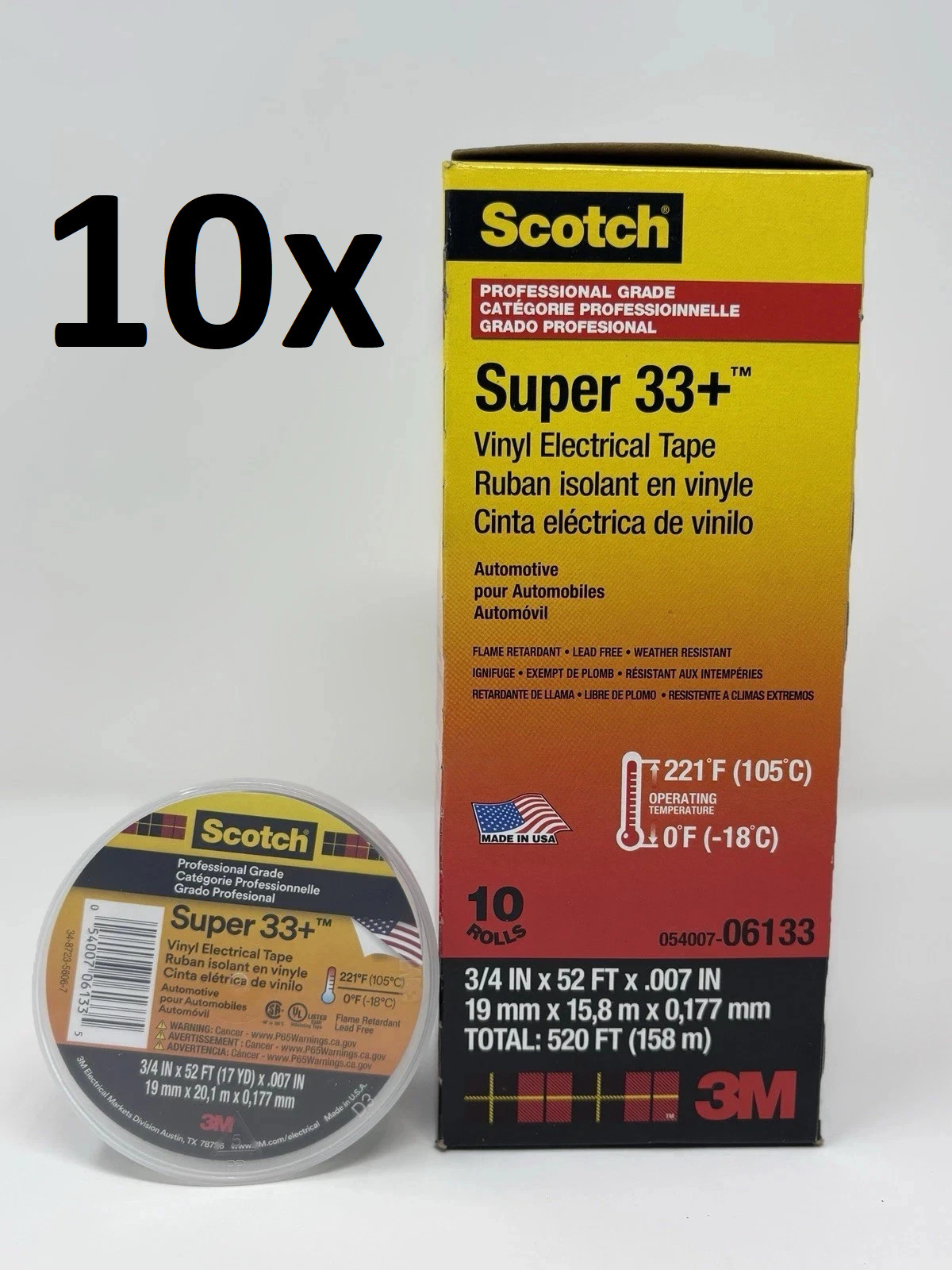 10x (10 PACK) 3M Scotch Super 33+ Vinyl Electrical Tape 06133 (100 total rolls) 10x (10 PACK) 3M Scotch Super 33+ Vinyl Electrical Tape 06133 (100 total rolls)