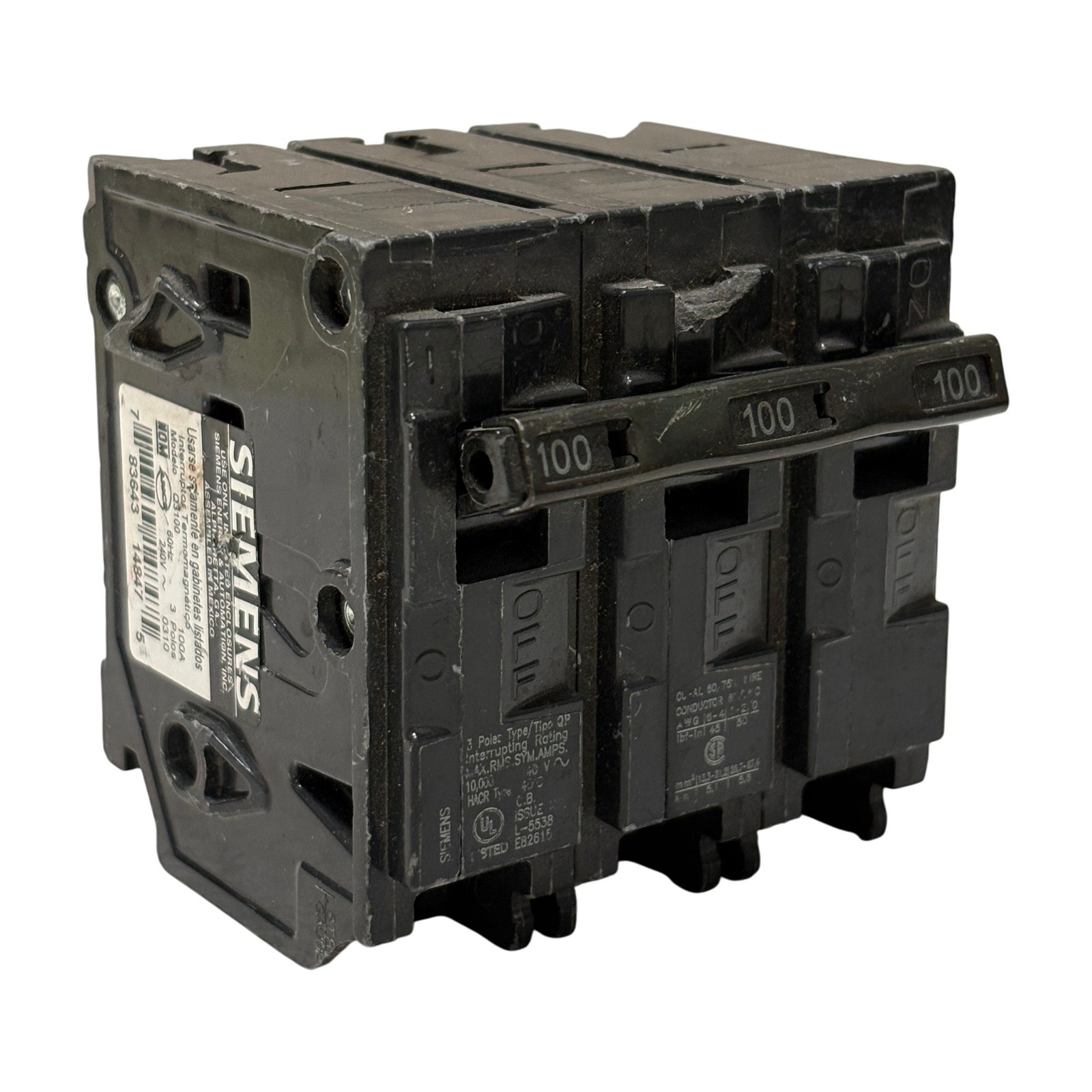 Siemens Q3100 100A 3-Pole 240V Type QP Thermal-Magnetic Circuit Breaker - Chip