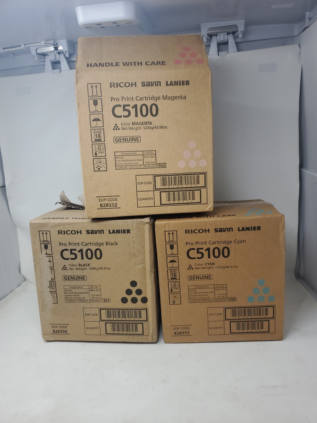 Lot Of 3 New Genuine Ricoh C5100 Cartridge C-828353 M-828352 B-828350 Lot Of 3 New Genuine Ricoh C5100 Cartridge C-828353 M-828352 B-828350