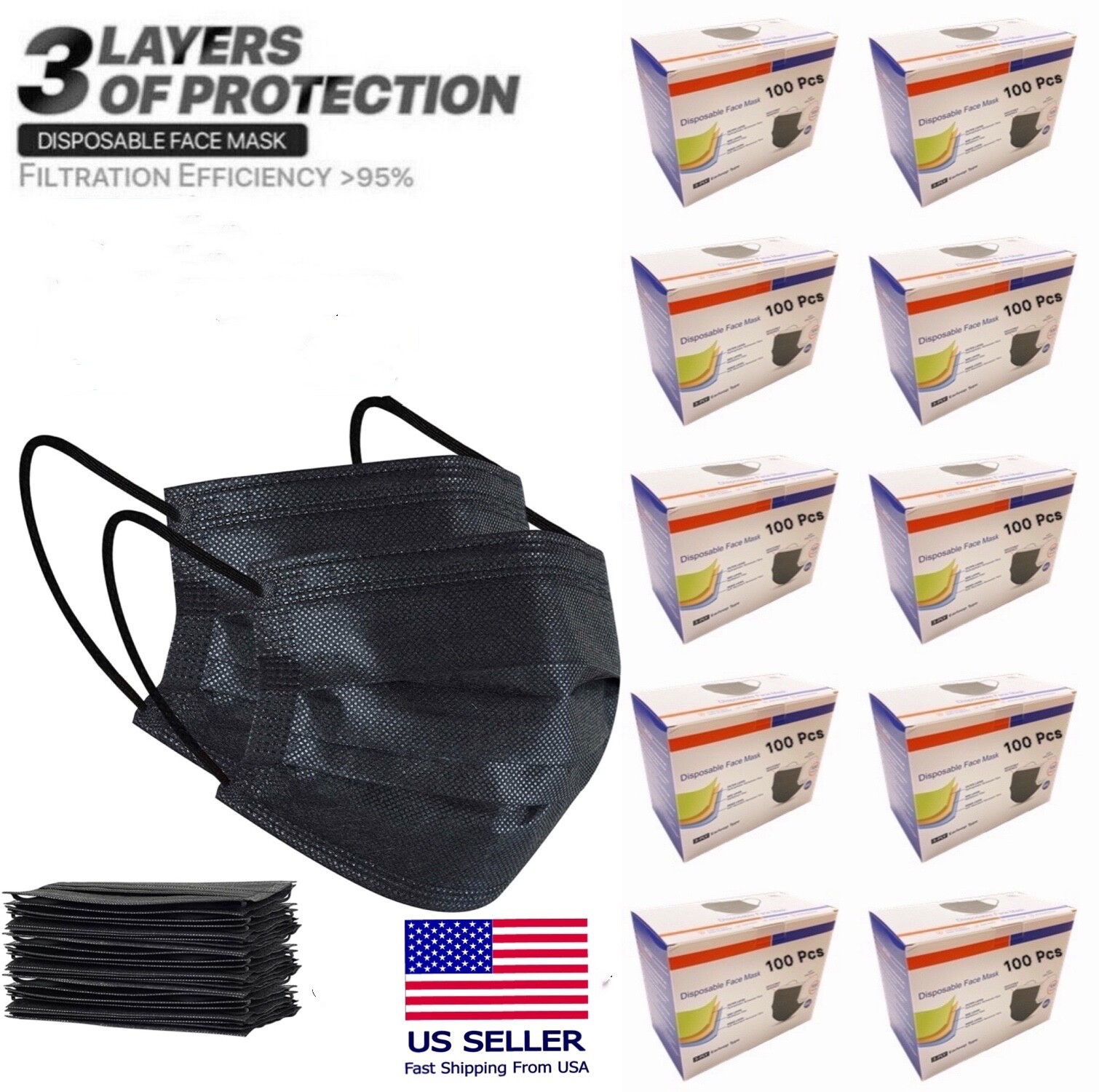100/1000 PCS Black Face Mask Mouth & Nose Protector Respirator Masks USA Seller