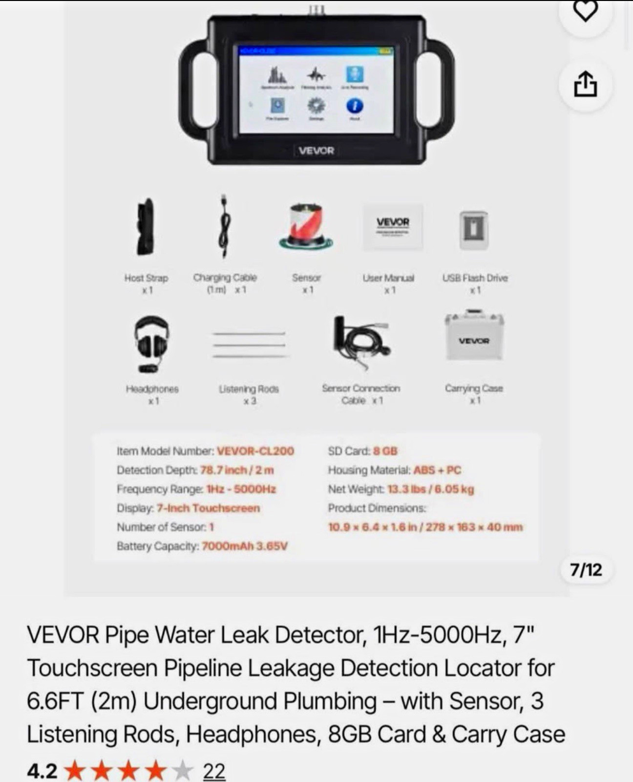 VEVOR VEVOR-CL200 Pipe Water Leak Detector with 7