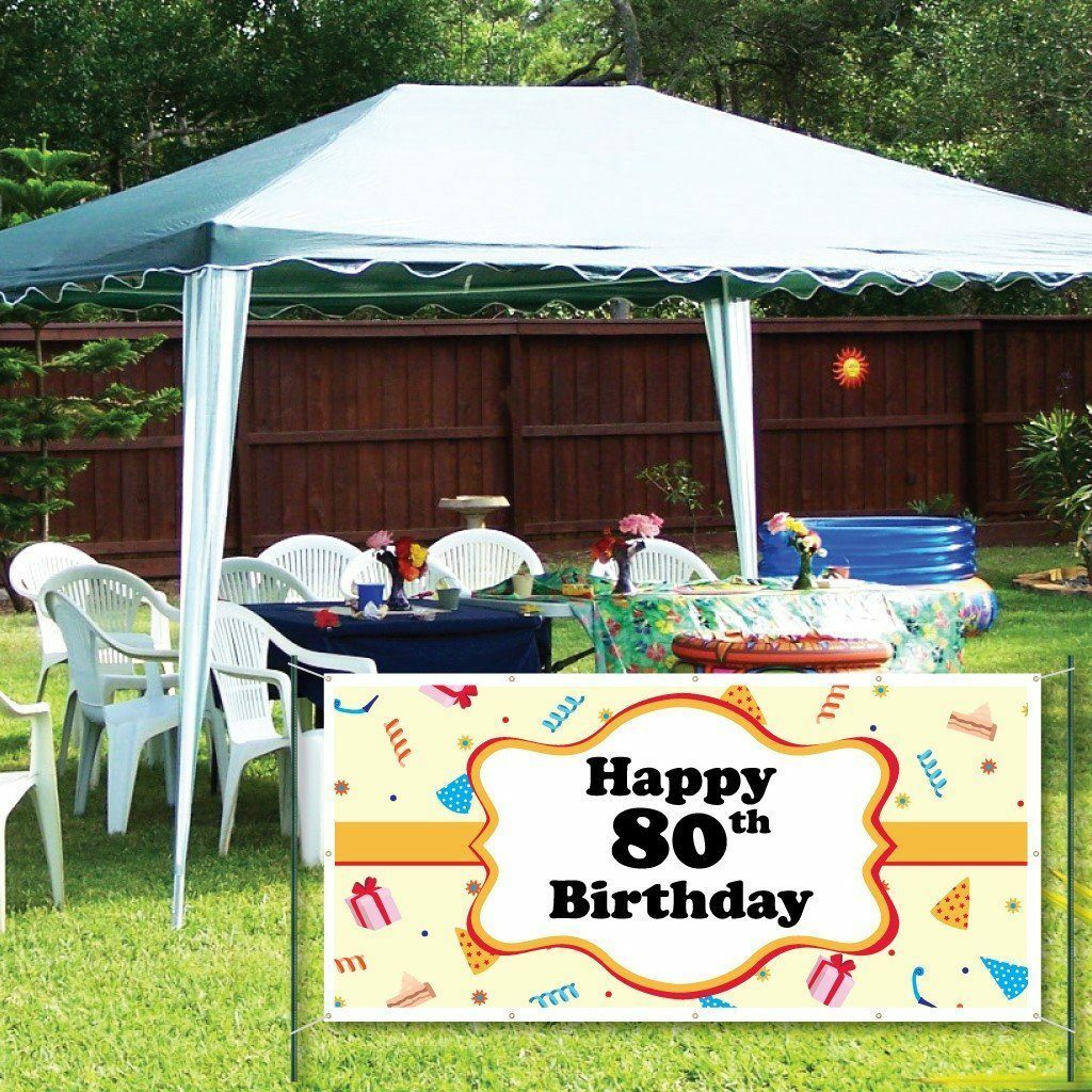Happy 80th Birthday Party Hats 4'x8' Vinyl Banner