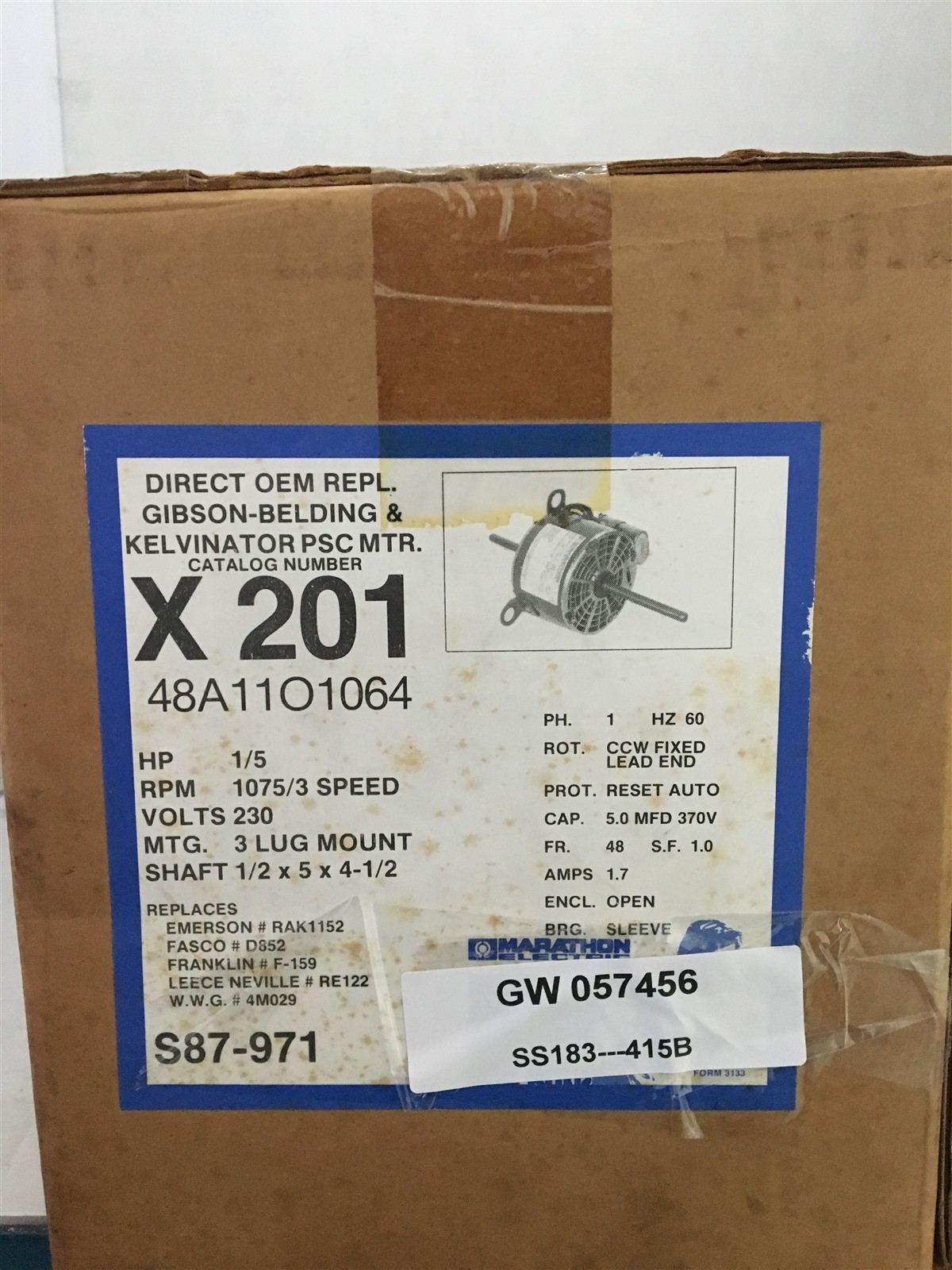 Marathon X201 48A11O1064 Hp 1/5 Rpm1075/3 Speed 230V