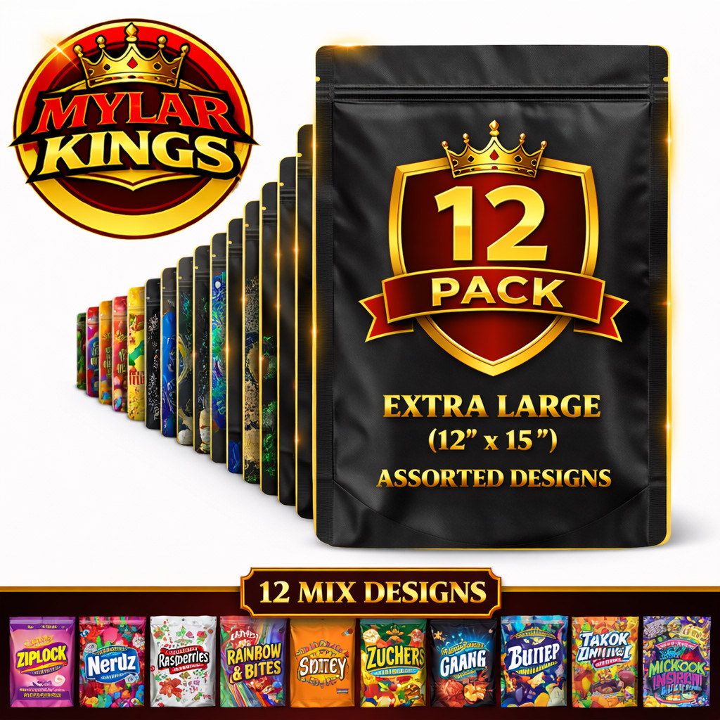 12 Pack 1lb Smell Proof Foil Mylar Bags 12” x 15” Mix Designs Pound Zip Bags 12 Pack 1lb Smell Proof Foil Mylar Bags 12” x 15” Mix Designs Pound Zip Bags