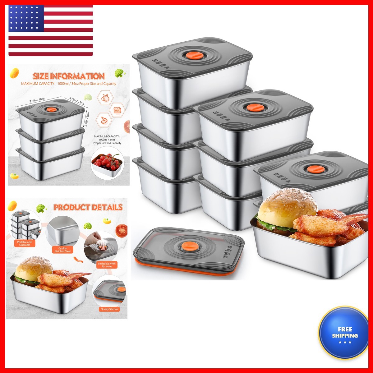 Layhit 10 Set Stainless Steel Food Containers with Leak-proof Lids, 34 oz Layhit 10 Set Stainless Steel Food Containers with Leak-proof Lids, 34 oz