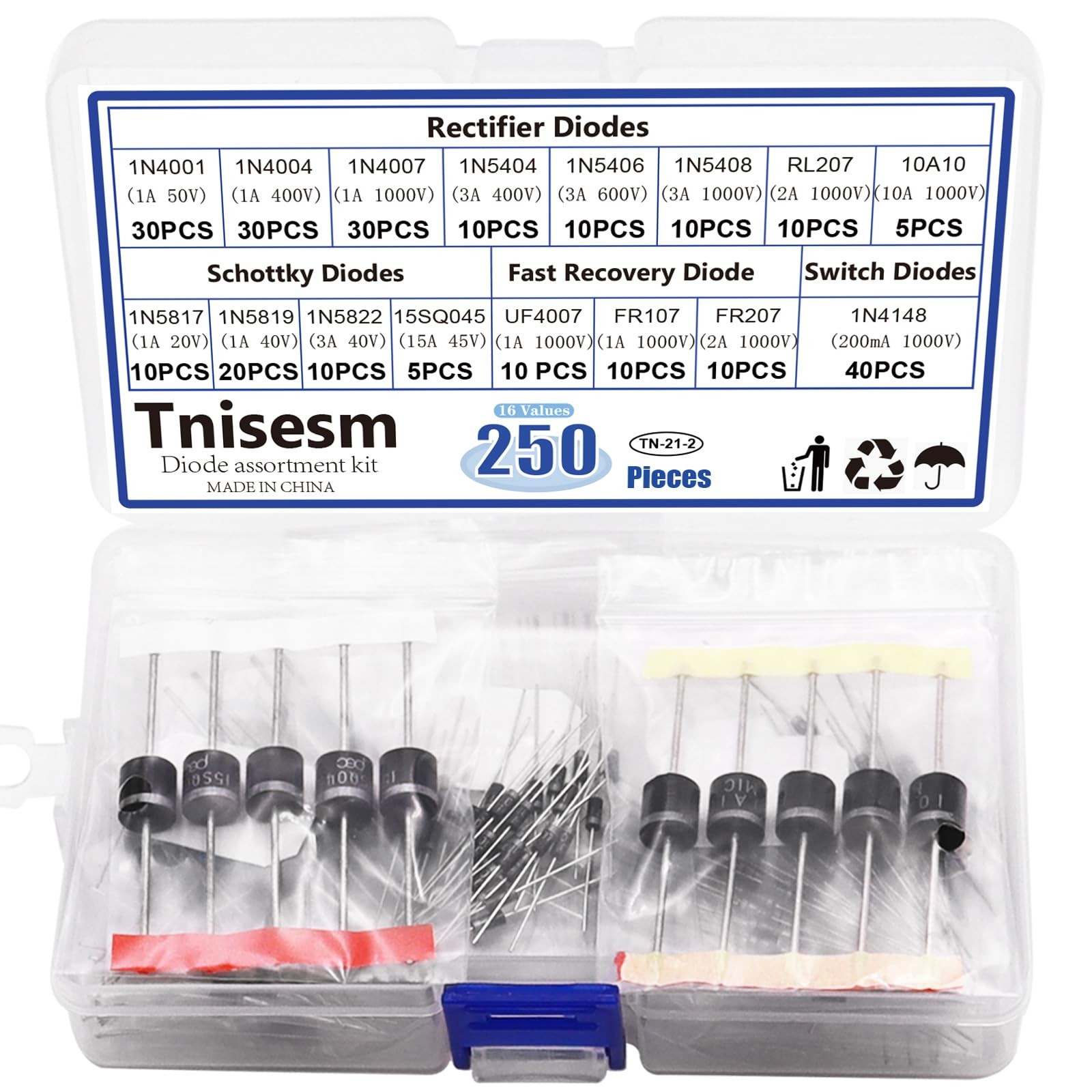 16 Values Rectifier/Schottky/Fast Recovery/Switch Diode Assortment Kit,1N4001 1N 16 Values Rectifier/Schottky/Fast Recovery/Switch Diode Assortment Kit,1N4001 1N