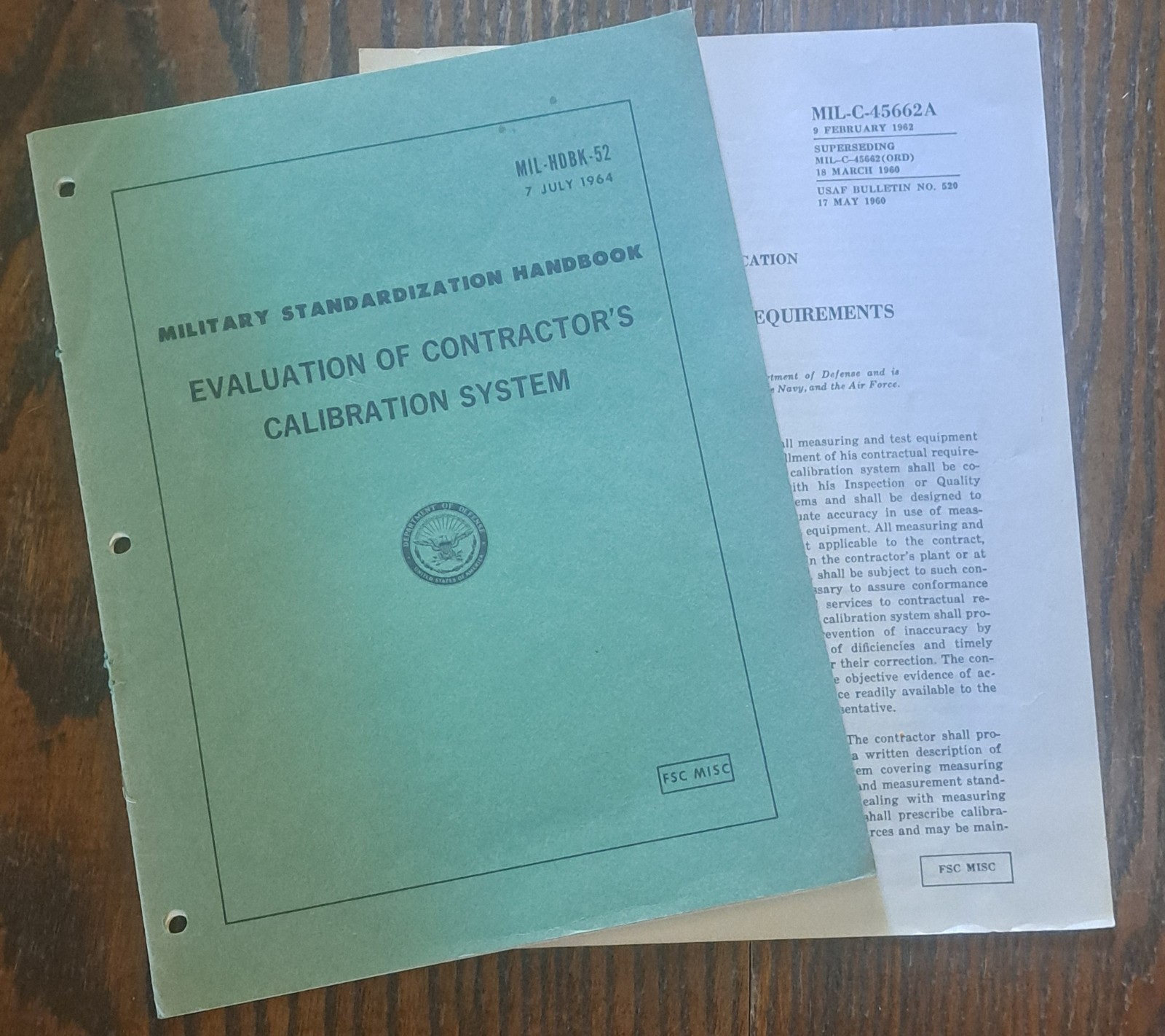 MIL-HDBK-50. Evaluation Of Contractor\'s Calibration System 1964 & MIL-C-45662A