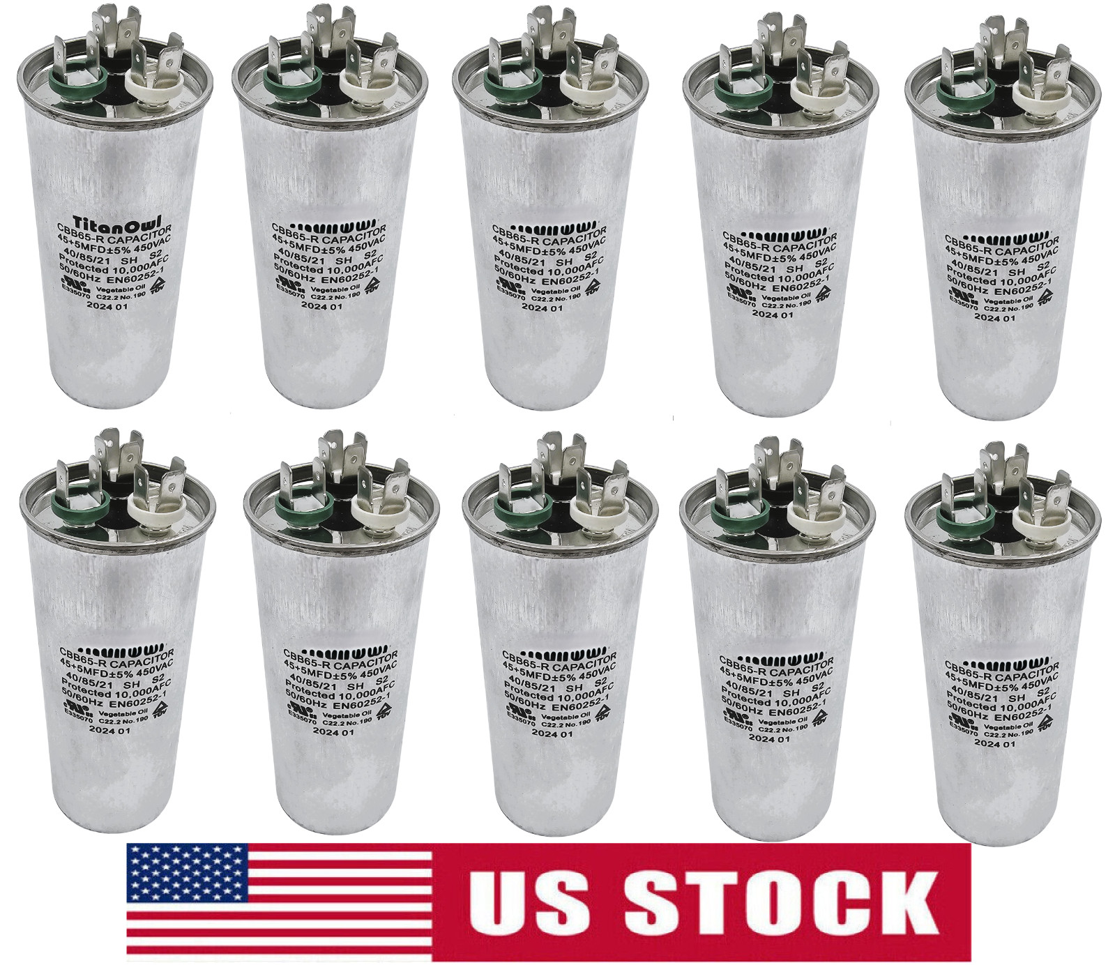 45+5 MFD ±5% Dual Run Capacitor 370 450 VAC CBB65-R AC Motor HVAC Fan 10 Pack