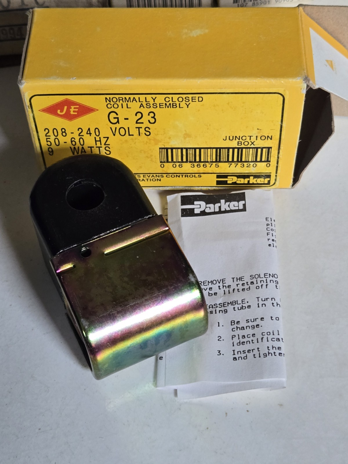 Parker G-23 77320 Solenoid Coil 208-240V 50/60Hz 9W Normally Closed NOS Parker G-23 77320 Solenoid Coil 208-240V 50/60Hz 9W Normally Closed NOS