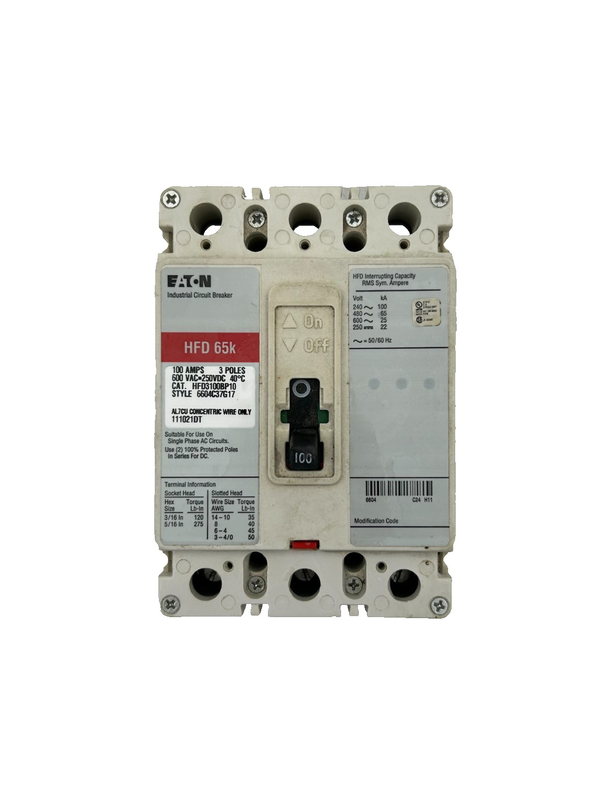 Eaton HFD3100BP10 Industrial Circuit Breaker 100A 3-Pole 600VAC Eaton HFD3100BP10 Industrial Circuit Breaker 100A 3-Pole 600VAC