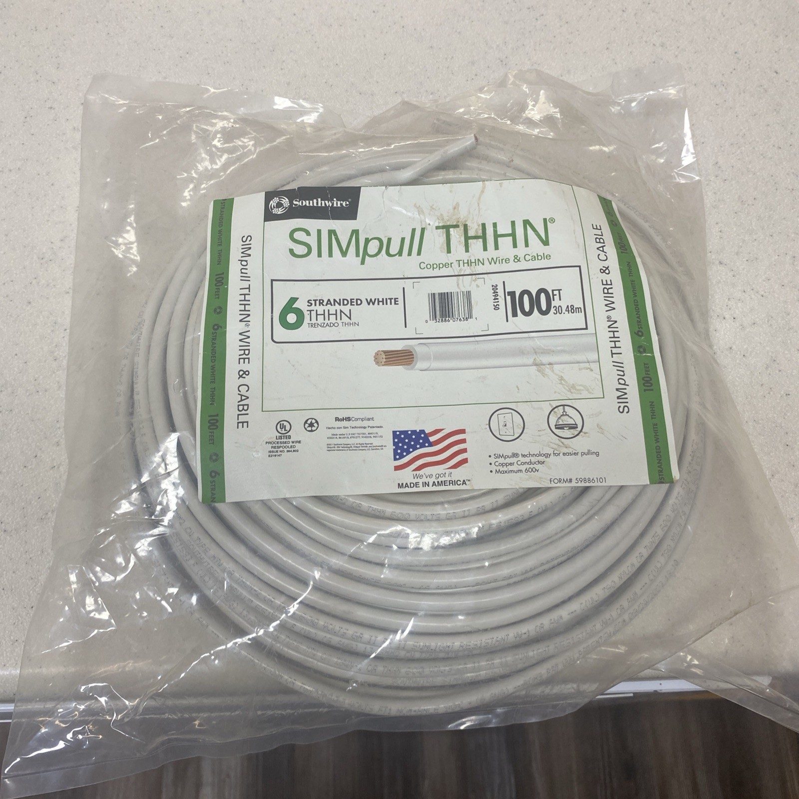 New Southwire 100 ft. 6 Gauge White Stranded Copper SIMpull  THHN Wire **