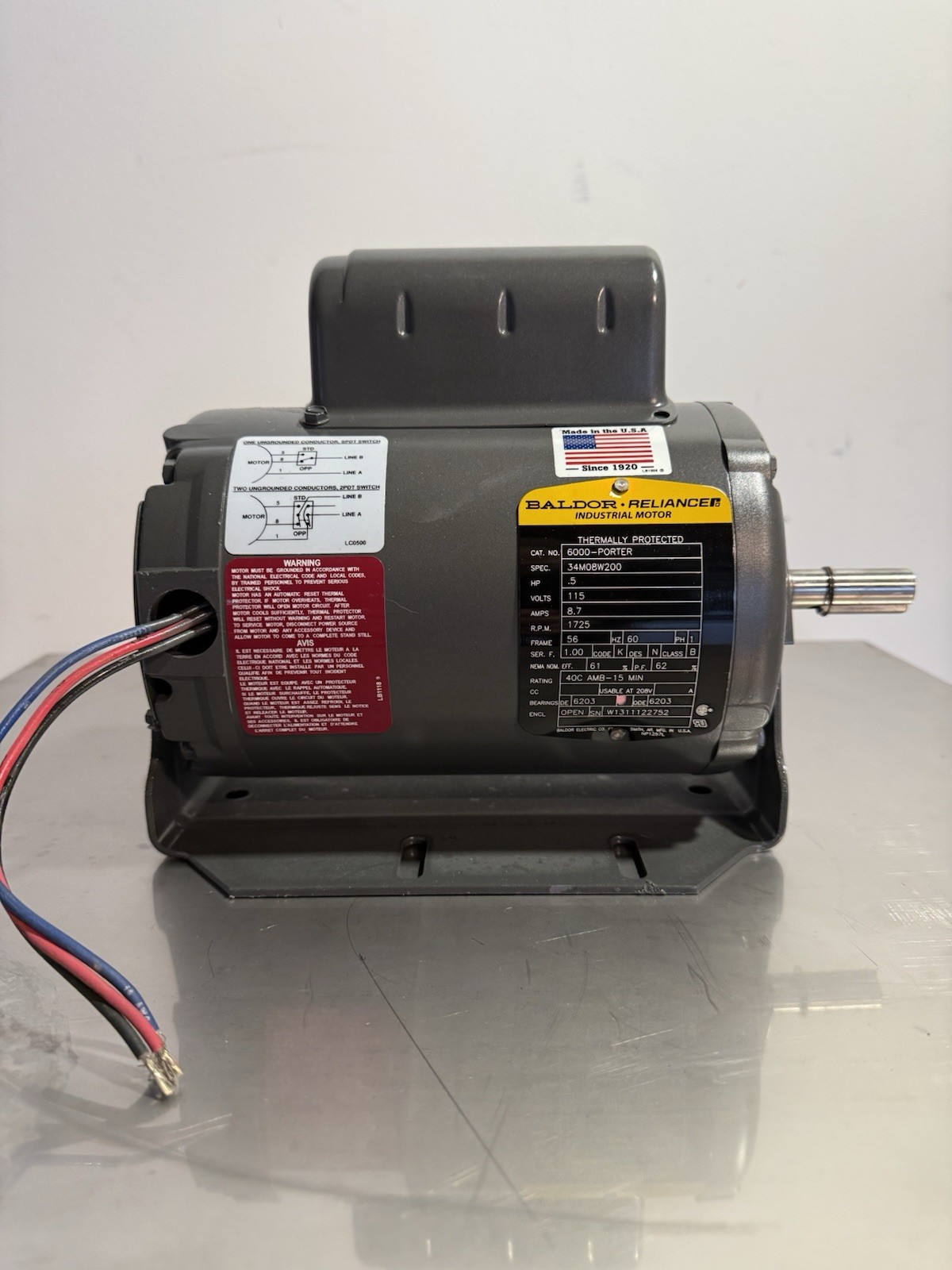 Baldor Reliance 34M08W200 0.5 HP 115V 1725 RPM AC Induction Motor Base-Mounted