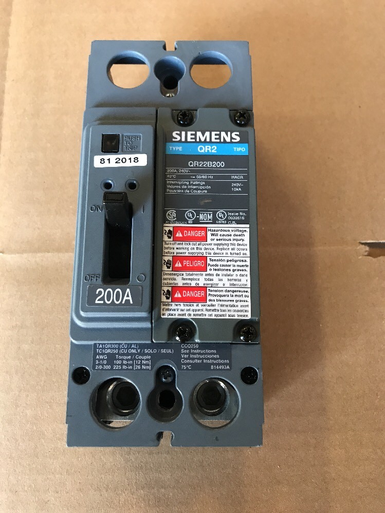 SIEMENS QR22B200 2 Pole 200 Amp QR2 Circuit Breaker New No Box SIEMENS QR22B200 2 Pole 200 Amp QR2 Circuit Breaker New No Box