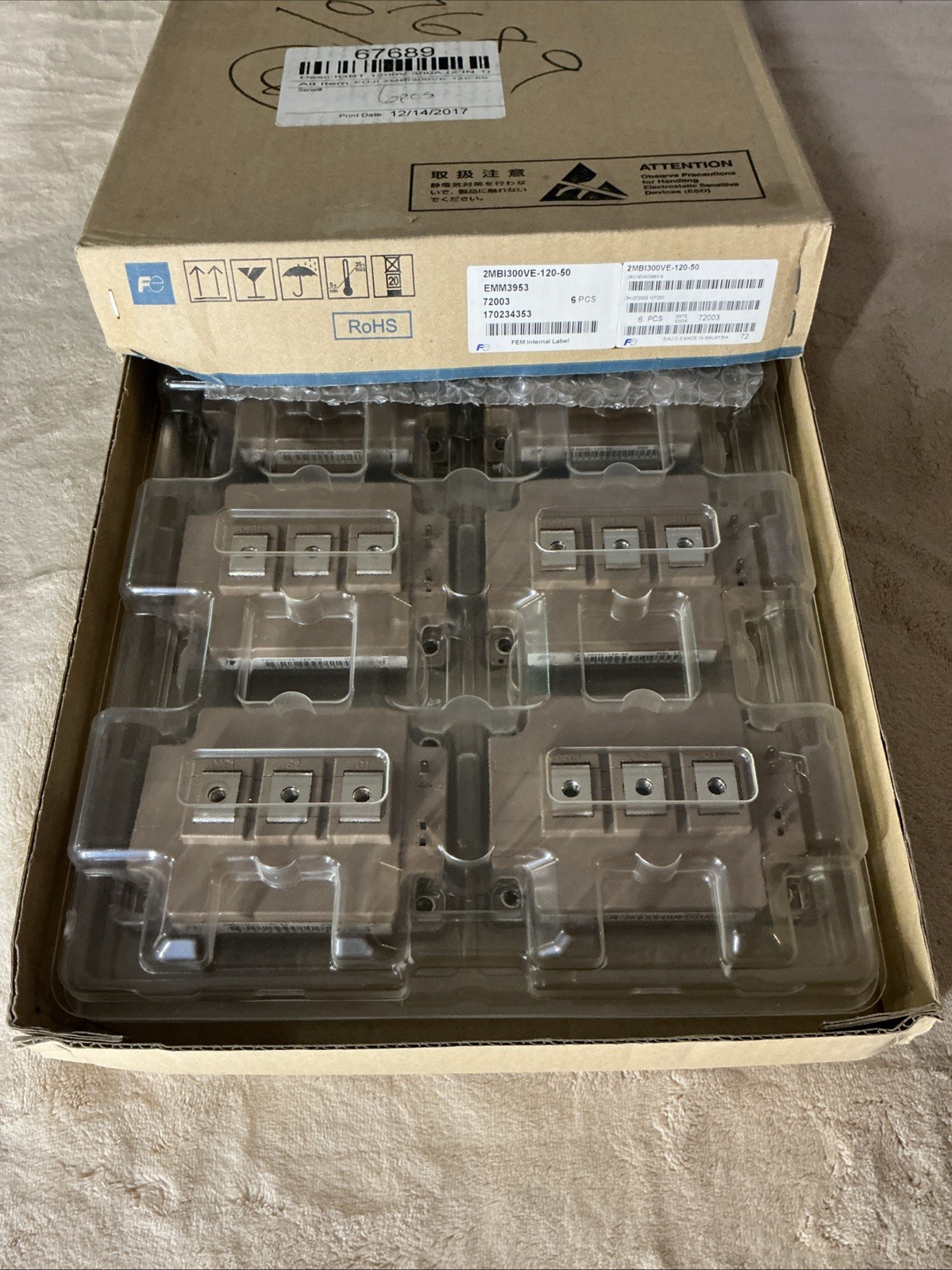 Lot of 6 Fuji Electric 2MBI300VE-120-50 Dual IGBT Modules 1200V 300A Clean Pulls Lot of 6 Fuji Electric 2MBI300VE-120-50 Dual IGBT Modules 1200V 300A Clean Pulls