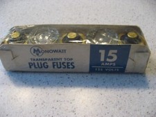 Vintage Pack of 5 Monowatt Transparent Plug Fuses 15 Amps, 125 Volts - GE3745-15 picture