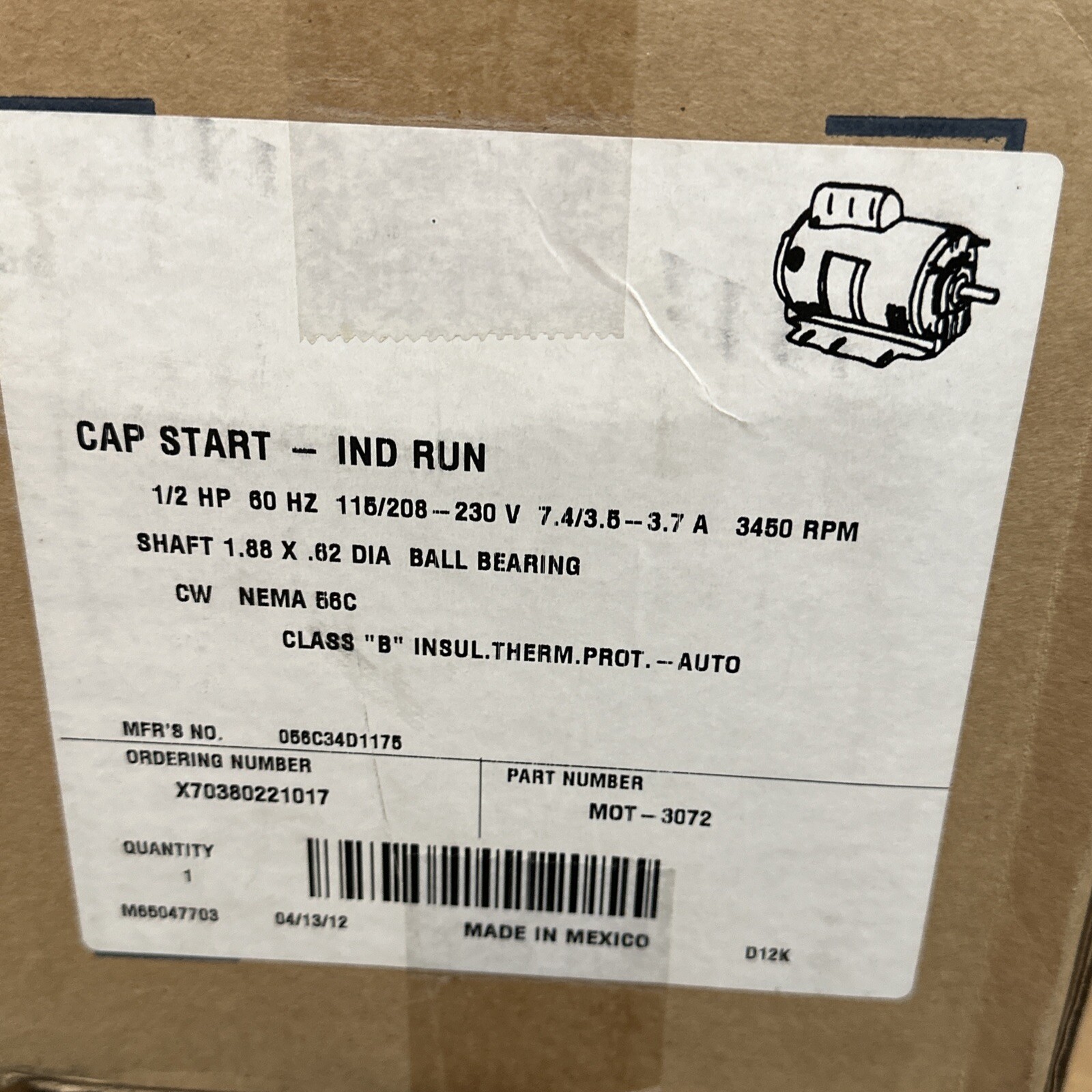 Trane Marathon MOT3072 Motor 1/2 HP 115/208-230V 3450RPM