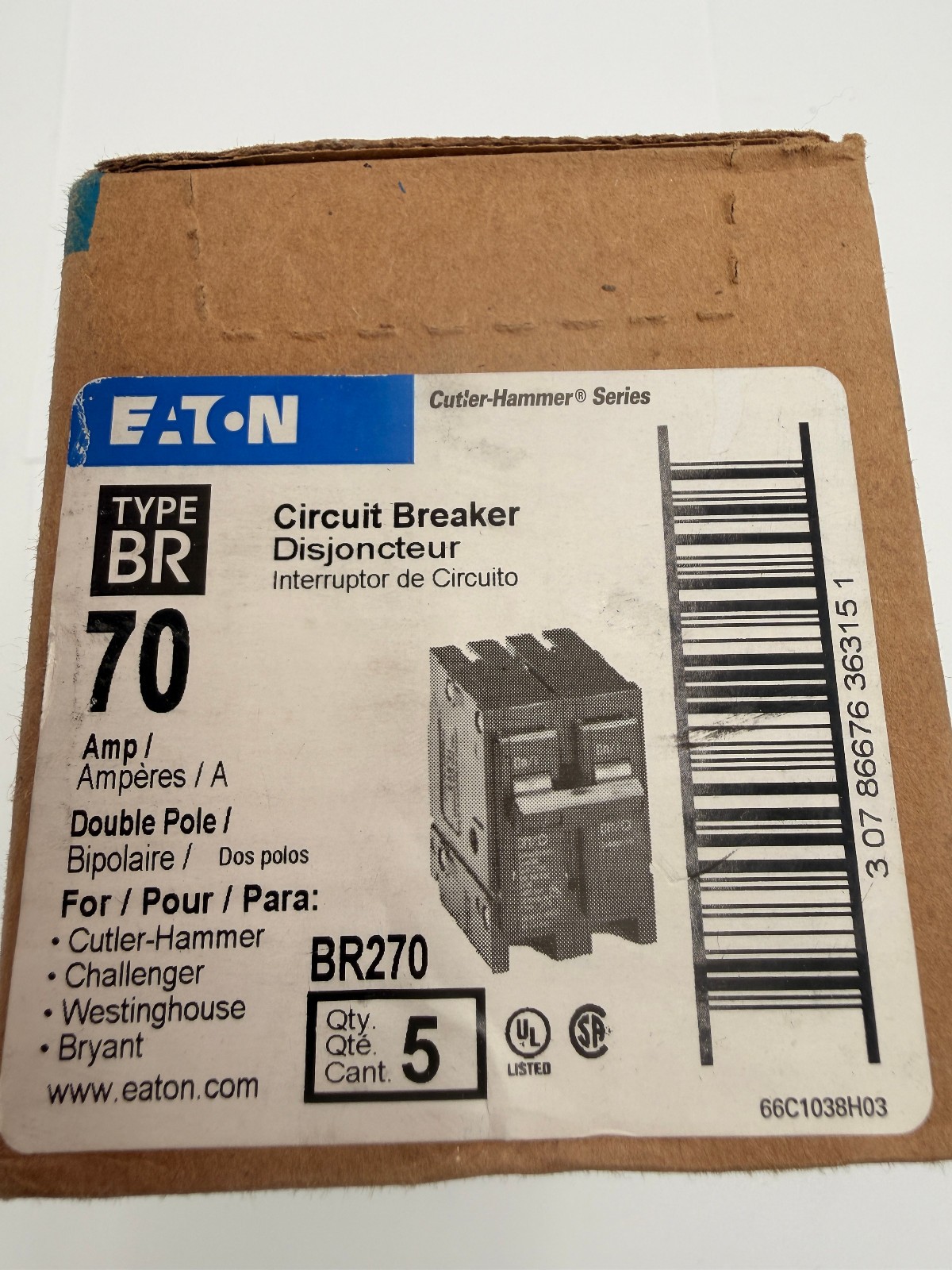 Eaton Cutler Hammer BR270 70A 2-Pole Plug-On Circuit Breaker New