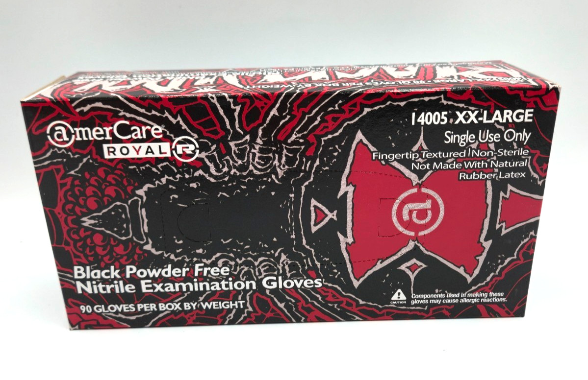 AmerCare Black Widow Powder Free Nitrile Exam Grade Gloves, 90 Count XX-Large