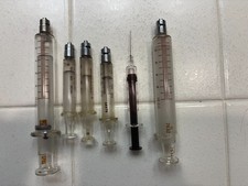 Lot of 6 Vintage Glass Medical Syringes Various Sizes Collectible Display picture