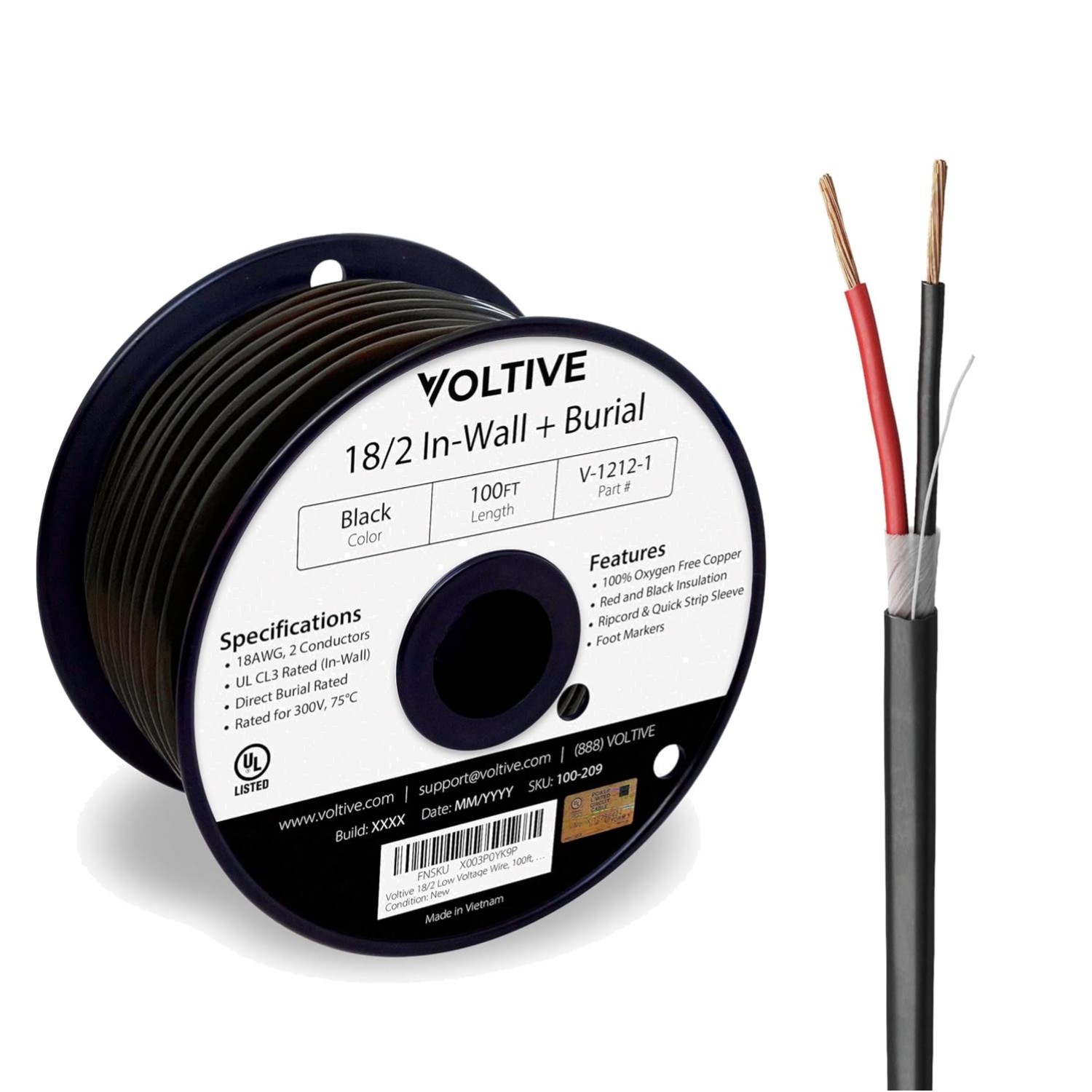 18/2 Low Voltage Wire, in-Wall CL3 & Direct Burial, Black, 100ft - 18AWG, 2 C... 18/2 Low Voltage Wire, in-Wall CL3 & Direct Burial, Black, 100ft - 18AWG, 2 C...