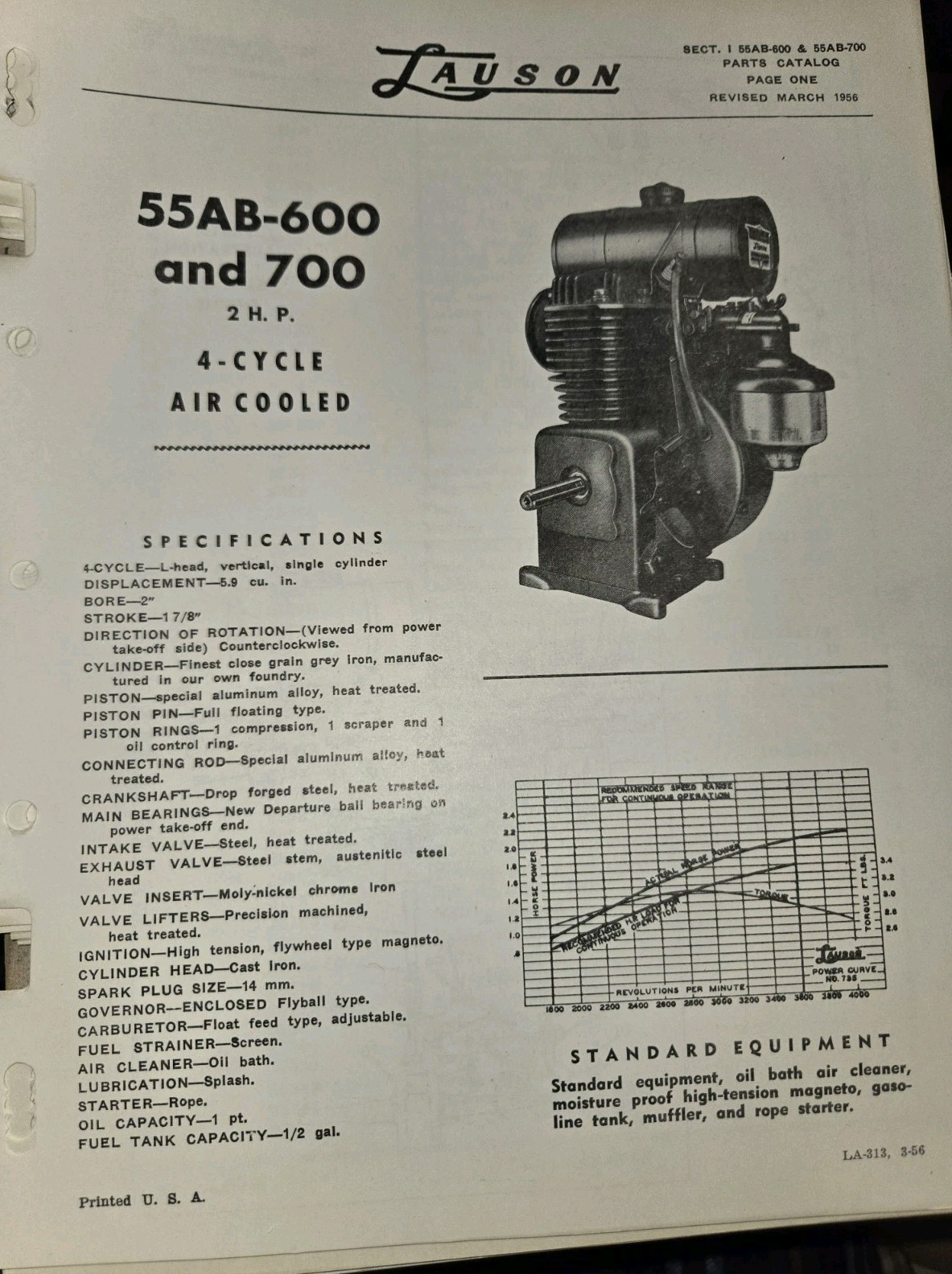 Lauson MODEL 55AB 600 700 AIR COOLED 2 HP ENGINE SPECS PARTS CATALOG 1956 Lauson MODEL 55AB 600 700 AIR COOLED 2 HP ENGINE SPECS PARTS CATALOG 1956
