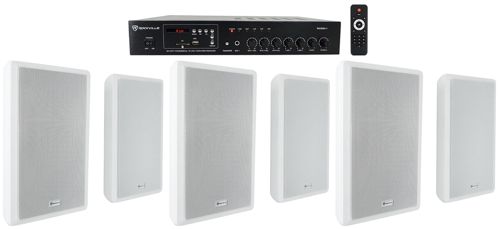 Rockville Commercial Amplifier+(6) Slim White Restaurant/Bar/Cafe Wall Speakers Rockville Commercial Amplifier+(6) Slim White Restaurant/Bar/Cafe Wall Speakers