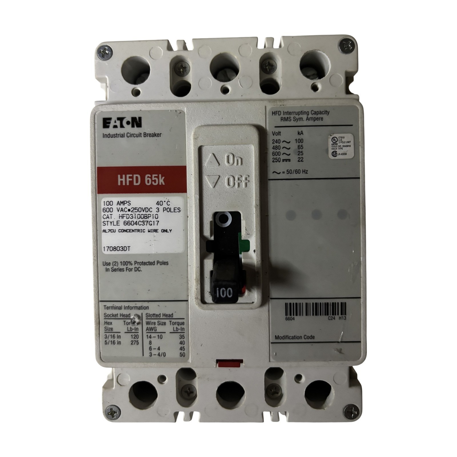 Eaton HFD3100BP10 100A 3-Pole 600V Industrial Circuit Breaker HFD 65k Eaton HFD3100BP10 100A 3-Pole 600V Industrial Circuit Breaker HFD 65k