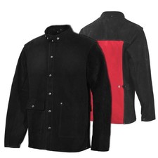 Heavy Duty Leather Welding Jacket Black Red Split Cowhide Heat Flame Resistant picture
