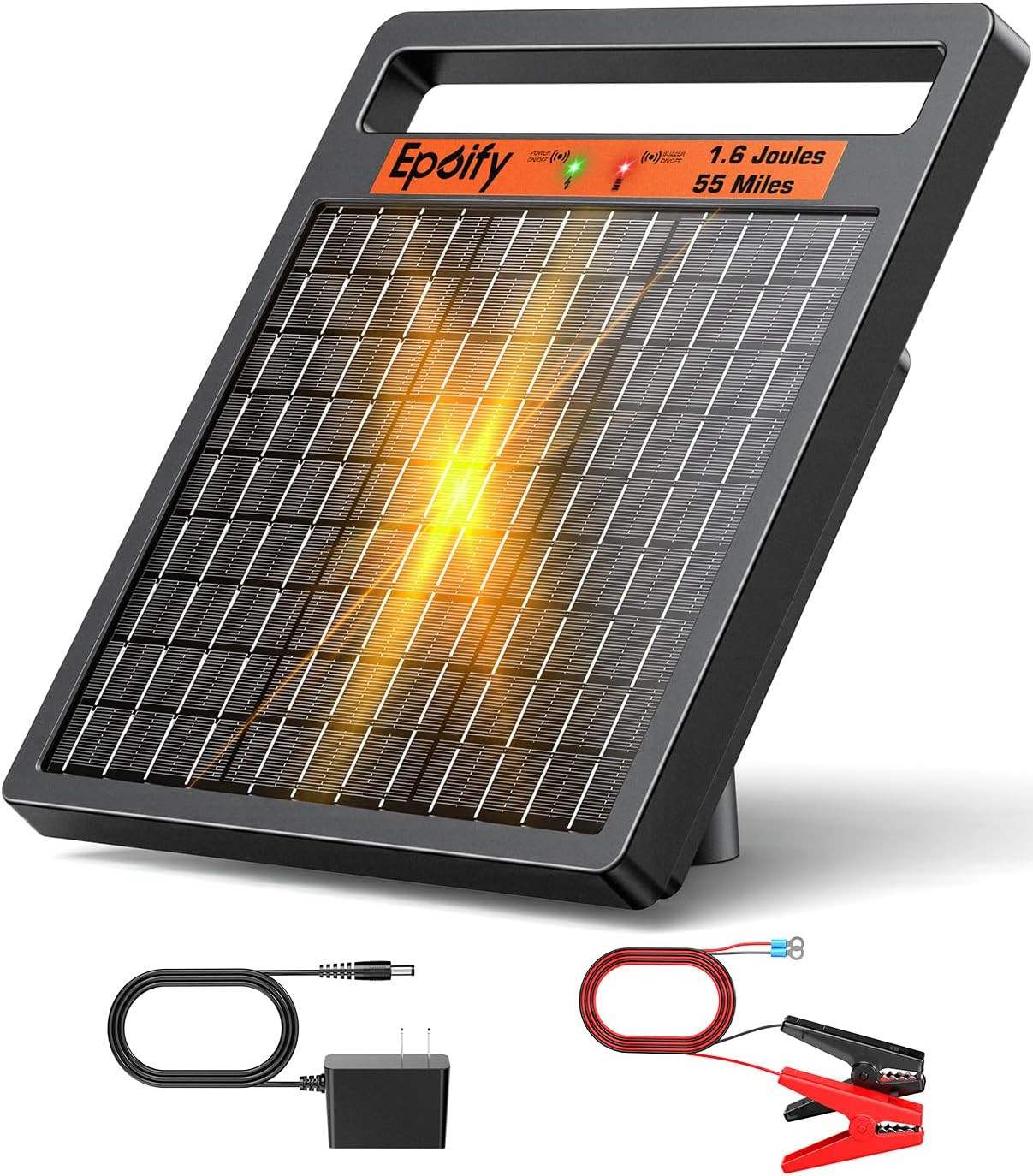 Solar Electric Fence Charger, 1.6J 55-Mile for Large Fence Systems