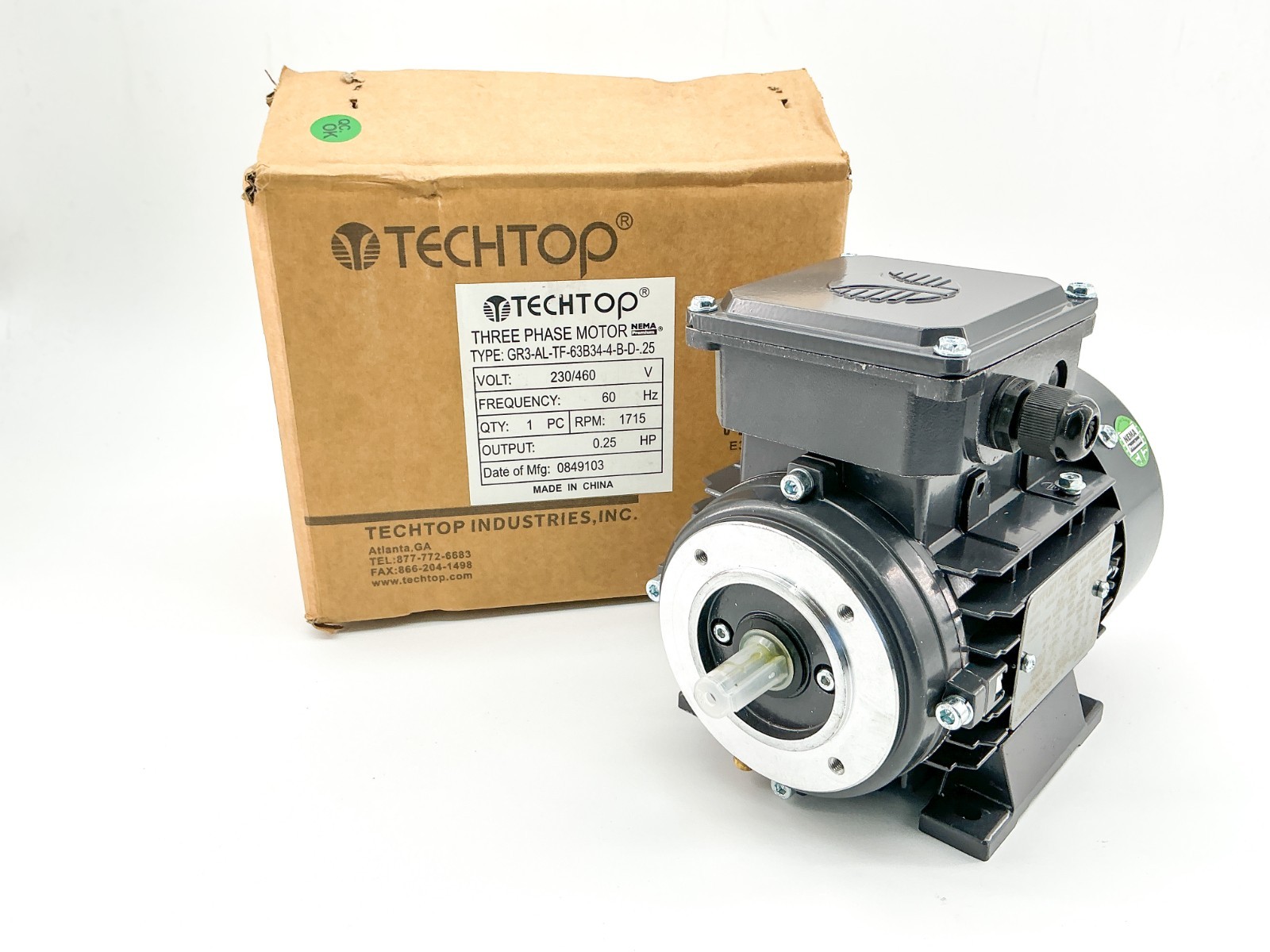 New TechTop GR3-AL-TF-63B34-4-B-D-.25 Electric Motor 230/460V 1715RPM 0.25HP New TechTop GR3-AL-TF-63B34-4-B-D-.25 Electric Motor 230/460V 1715RPM 0.25HP