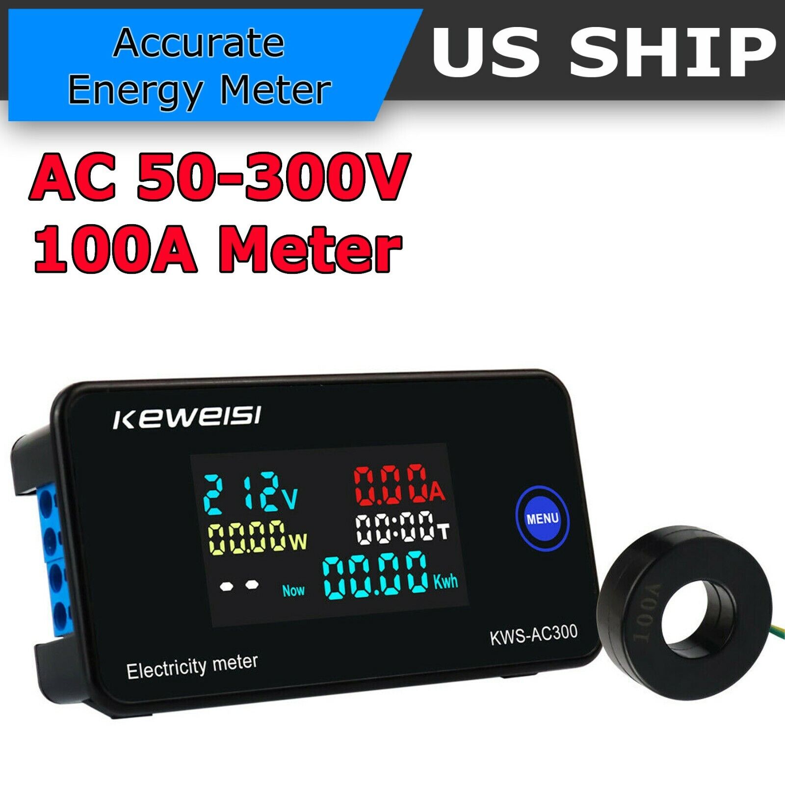 AC 50-300V 10/100A Voltage Ampere Power Energy Temp Timing Combo Panel Meter