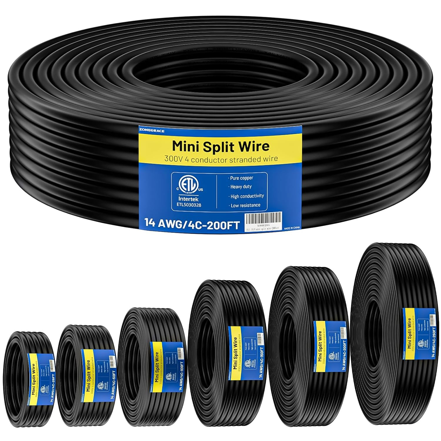 200FT 14 AWG Mini Split Cable, Pure Copper, ETL Listed, Color Coded for ...