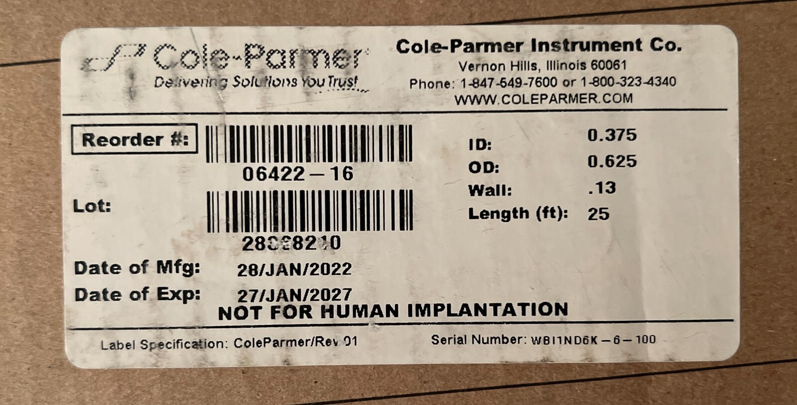 Cole Parmer Tubing 0.375'' ID 0.625'' OD 25 feet 06422-16 Brand New - 2027 Exp Cole Parmer Tubing 0.375'' ID 0.625'' OD 25 feet 06422-16 Brand New - 2027 Exp