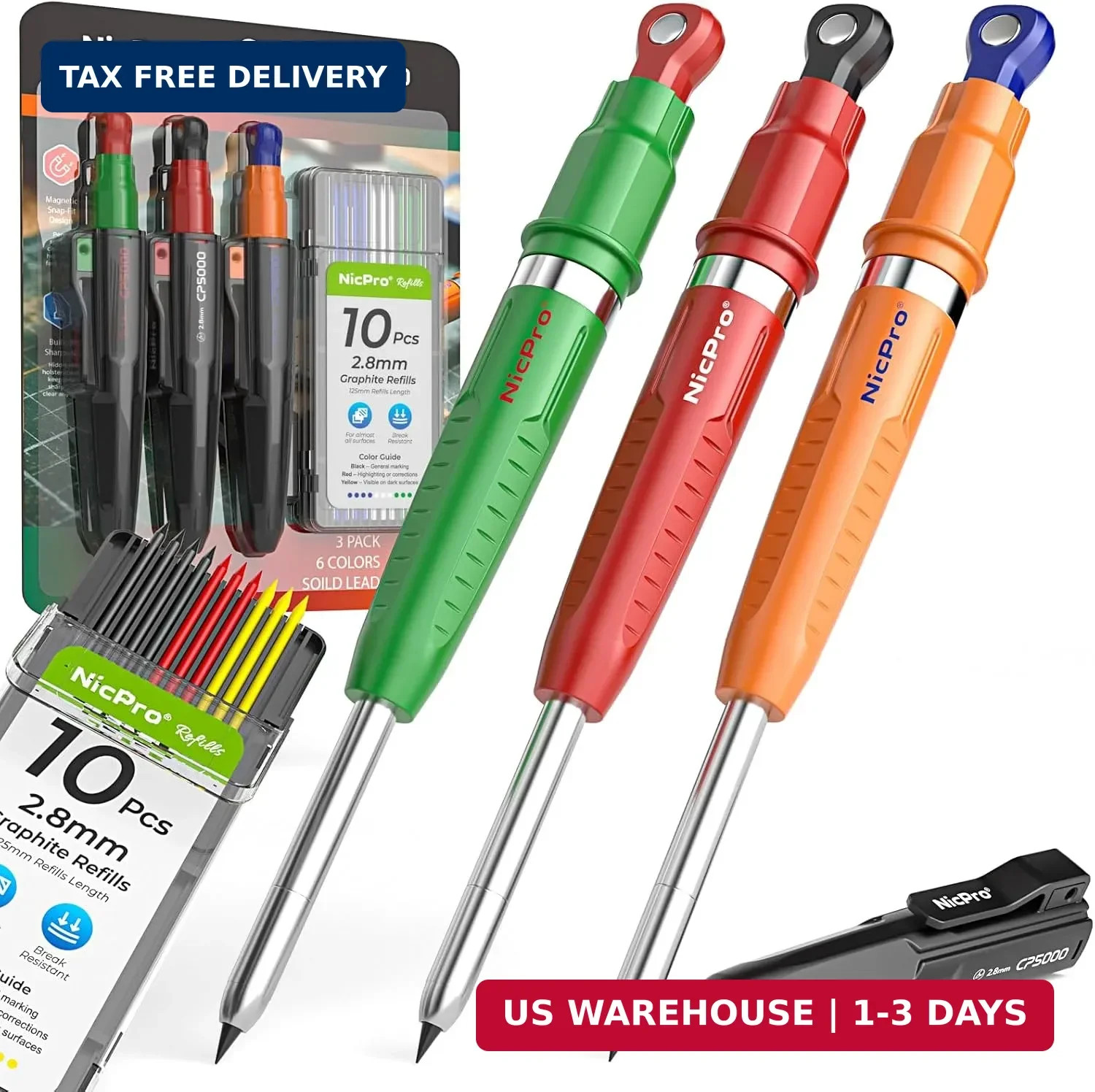 Nicpro 3 Pack 7-in-1 Magnetic Carpenter Pencils with Sharpener, CP5000 Construct