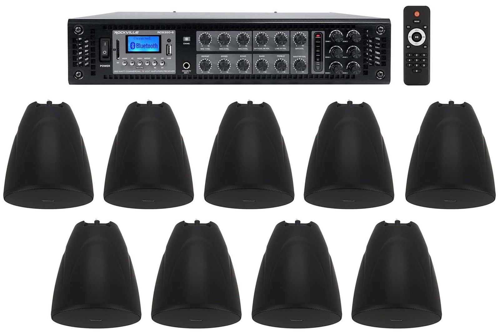 Rockville 6-Zone Commercial Amp+9 Black Pendant Speakers For Restaurant/Bar/Cafe Rockville 6-Zone Commercial Amp+9 Black Pendant Speakers For Restaurant/Bar/Cafe