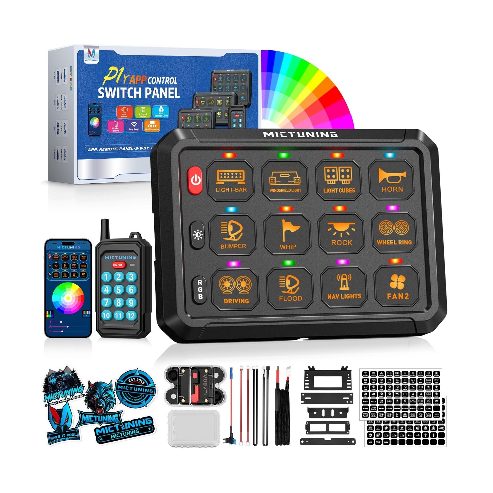 MICTUNING P1Y 12 Gang Switch Panel, Remote and APP Control, Up to 230FT