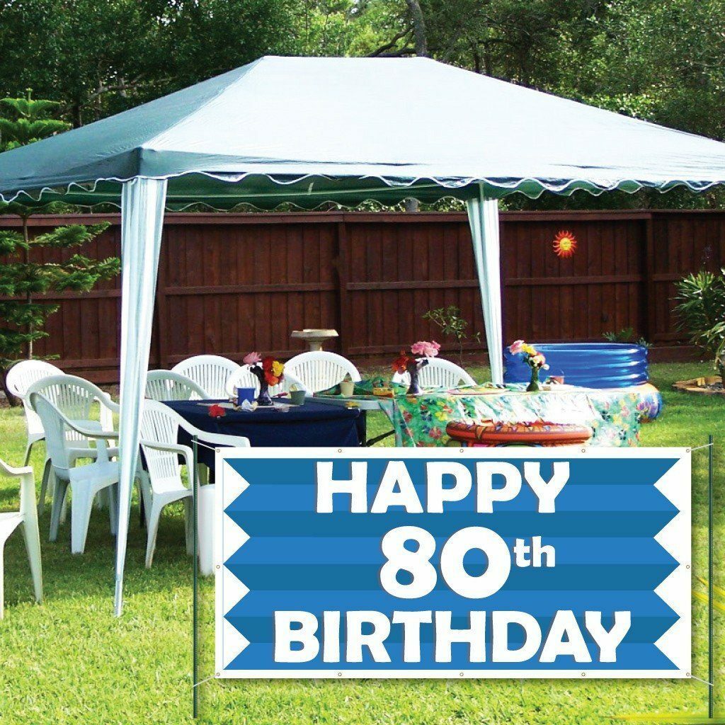 Happy 80th Birthday Blue Stripes 4'x8' Vinyl Banner