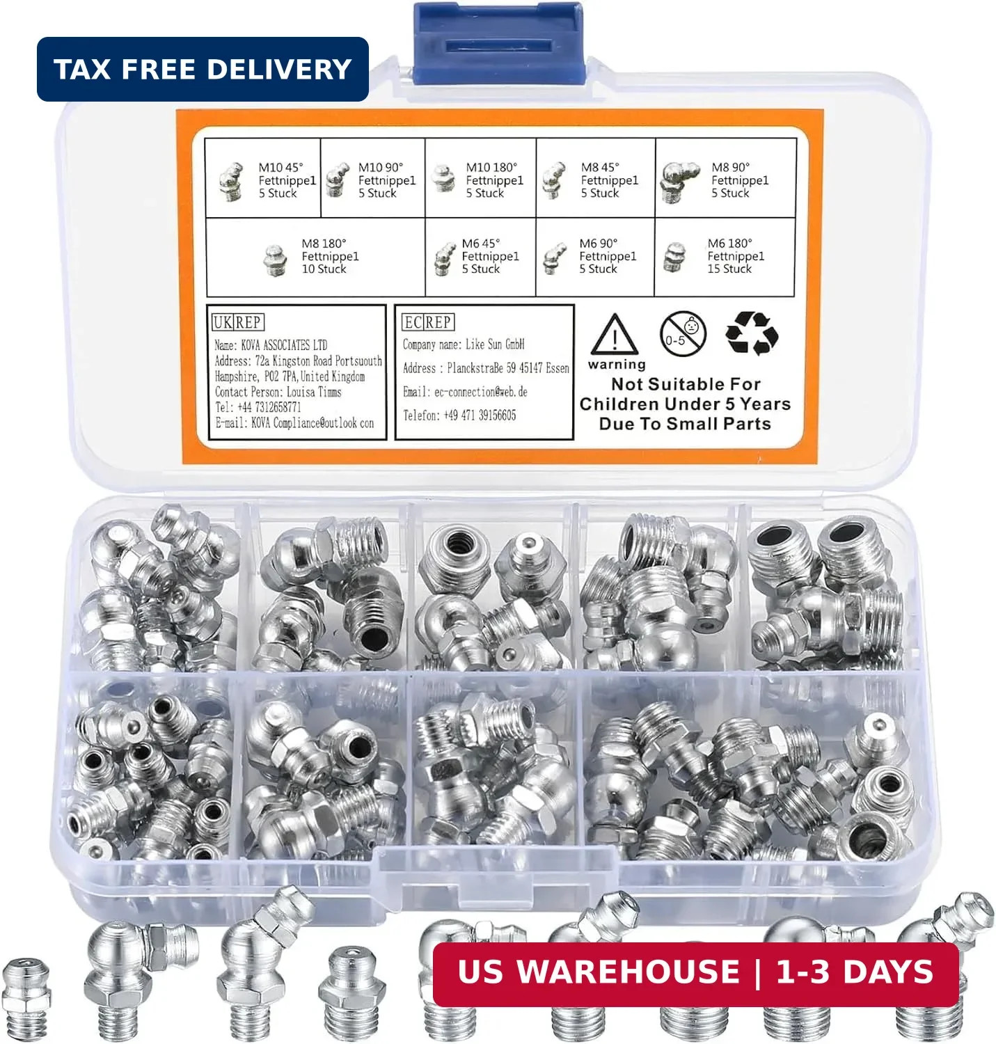 60pcs Metric & SAE Hydraulic Lubrication Grease Zerk Fittings Assortment Set, US