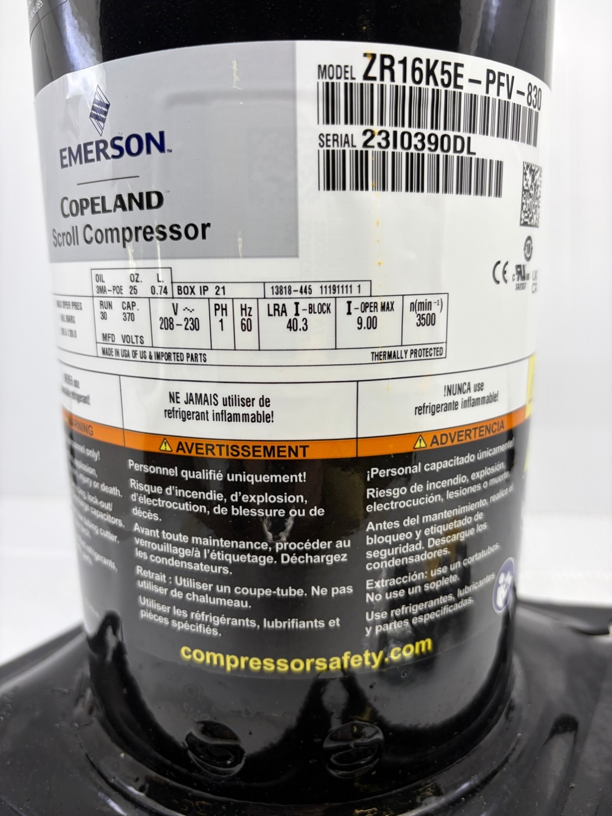 Emerson Copeland Scroll Compressor ZR16K5E-PFV-830 16K BTU 208/230V NEW