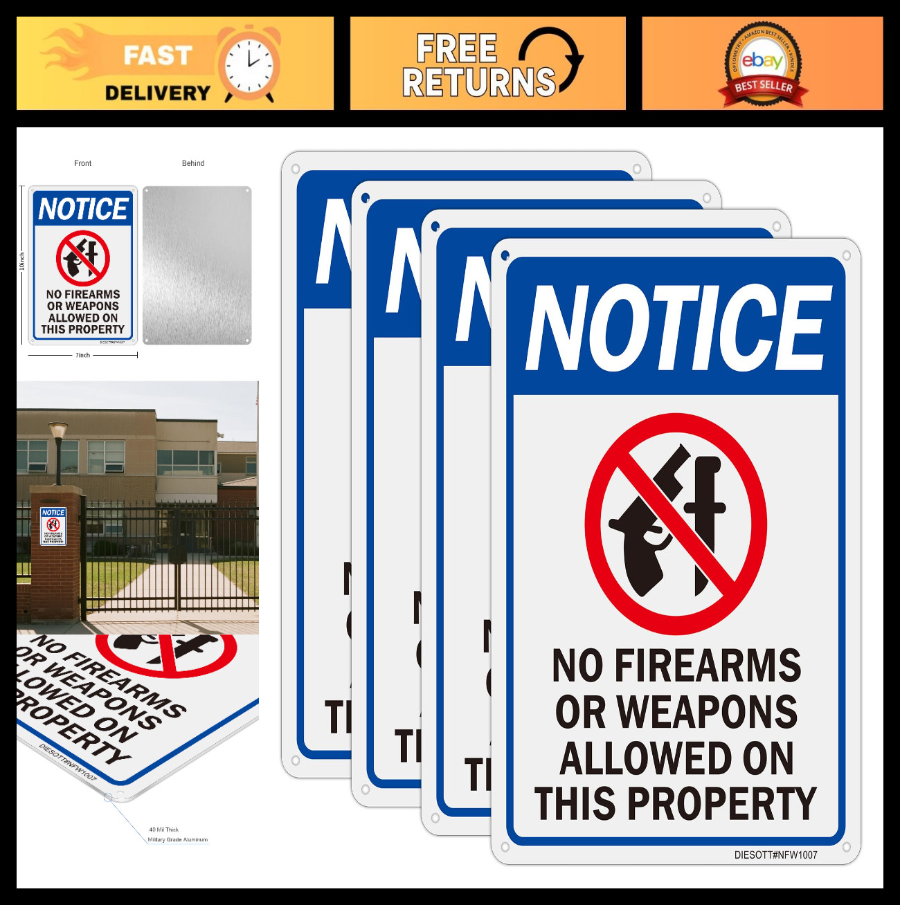 4 Pack No Firearms Weapons Allowed Signs - 10x7\