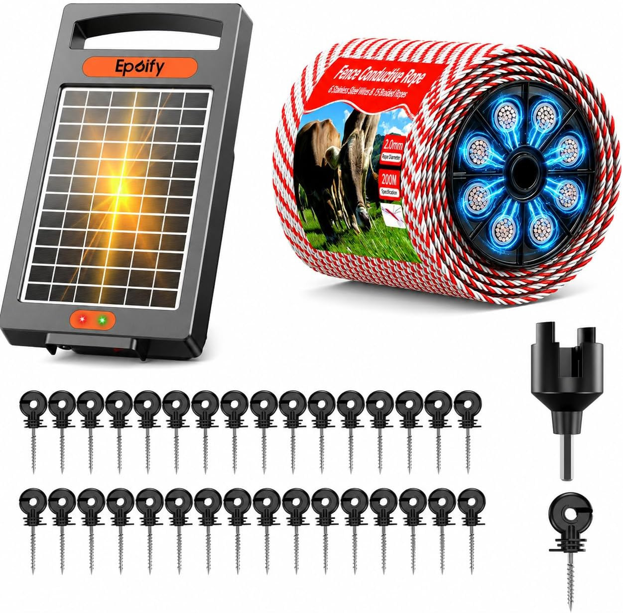 24 Hour Solar Electric Fence Charger, 10 Miles+ Electric Fence Wire and Insulato 24 Hour Solar Electric Fence Charger, 10 Miles+ Electric Fence Wire and Insulato