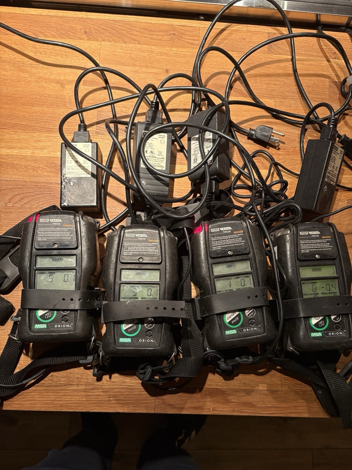 Lot of 4 MSA Orion Multi Gas Detectors w/ Chargers working. Needs Calibration Lot of 4 MSA Orion Multi Gas Detectors w/ Chargers working. Needs Calibration